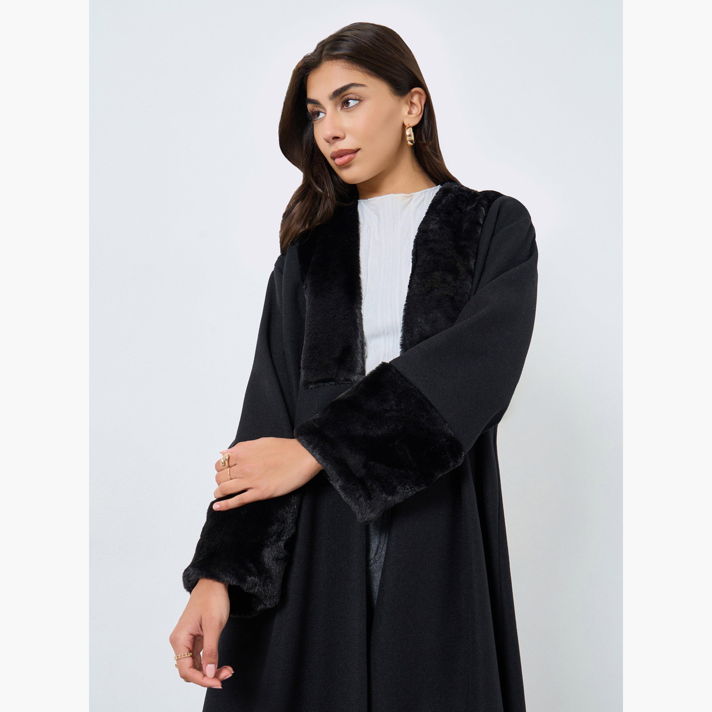 Styli Black Faux Fur Collar Front Open Abaya-women-arabicclothing-abayas-image-3