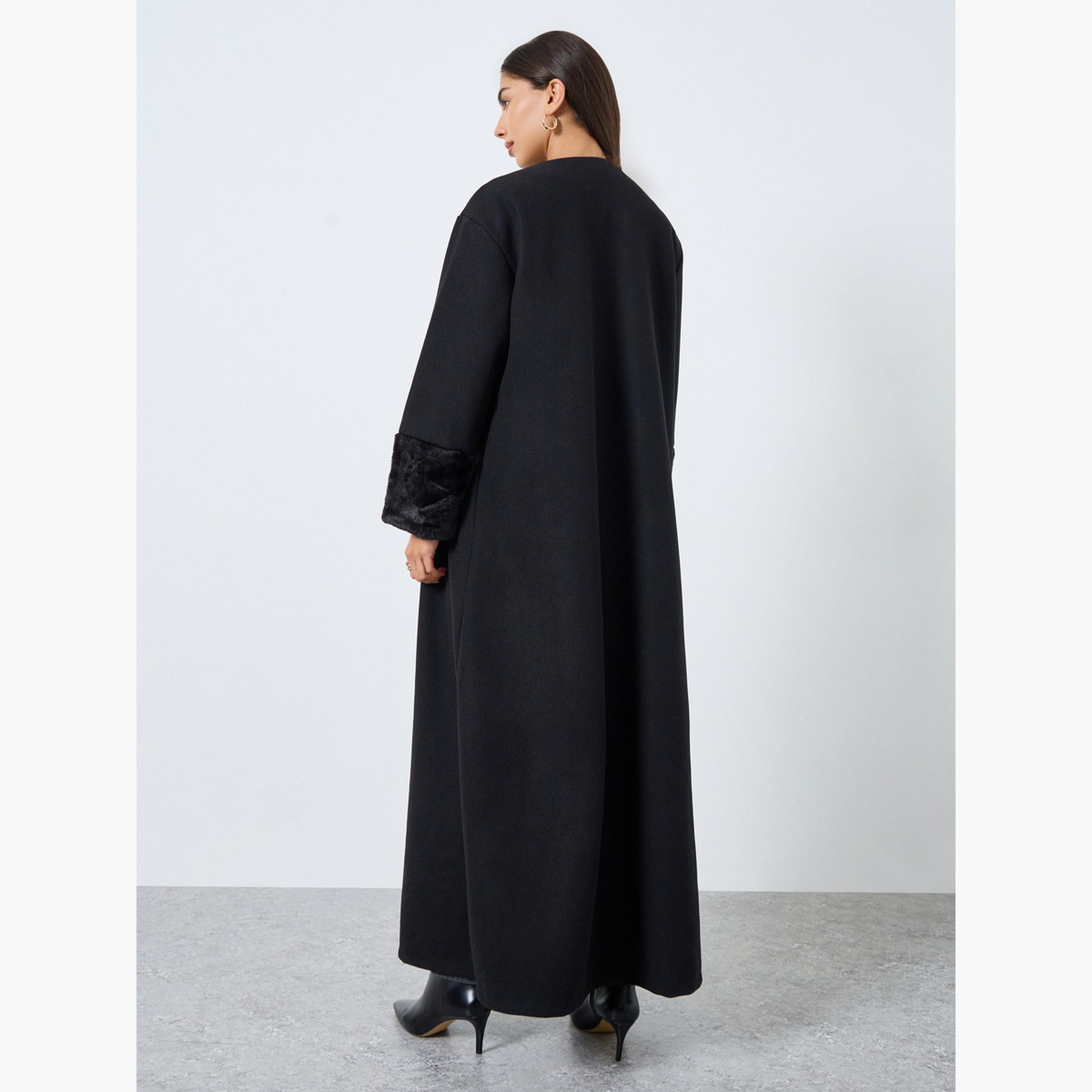 Styli Black Faux Fur Collar Front Open Abaya-women-arabicclothing-abayas-image-4