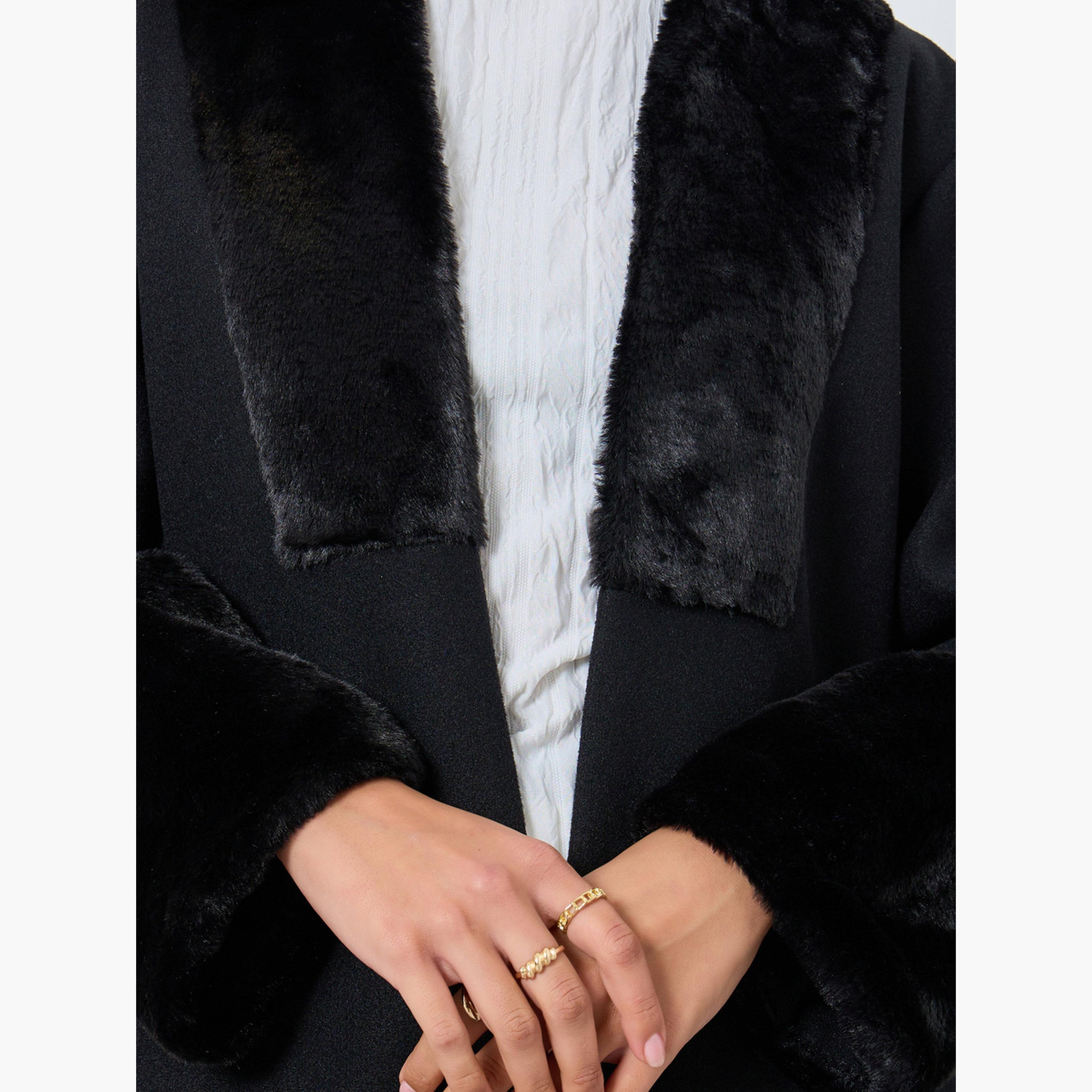 Styli Black Faux Fur Collar Front Open Abaya-women-arabicclothing-abayas-image-5
