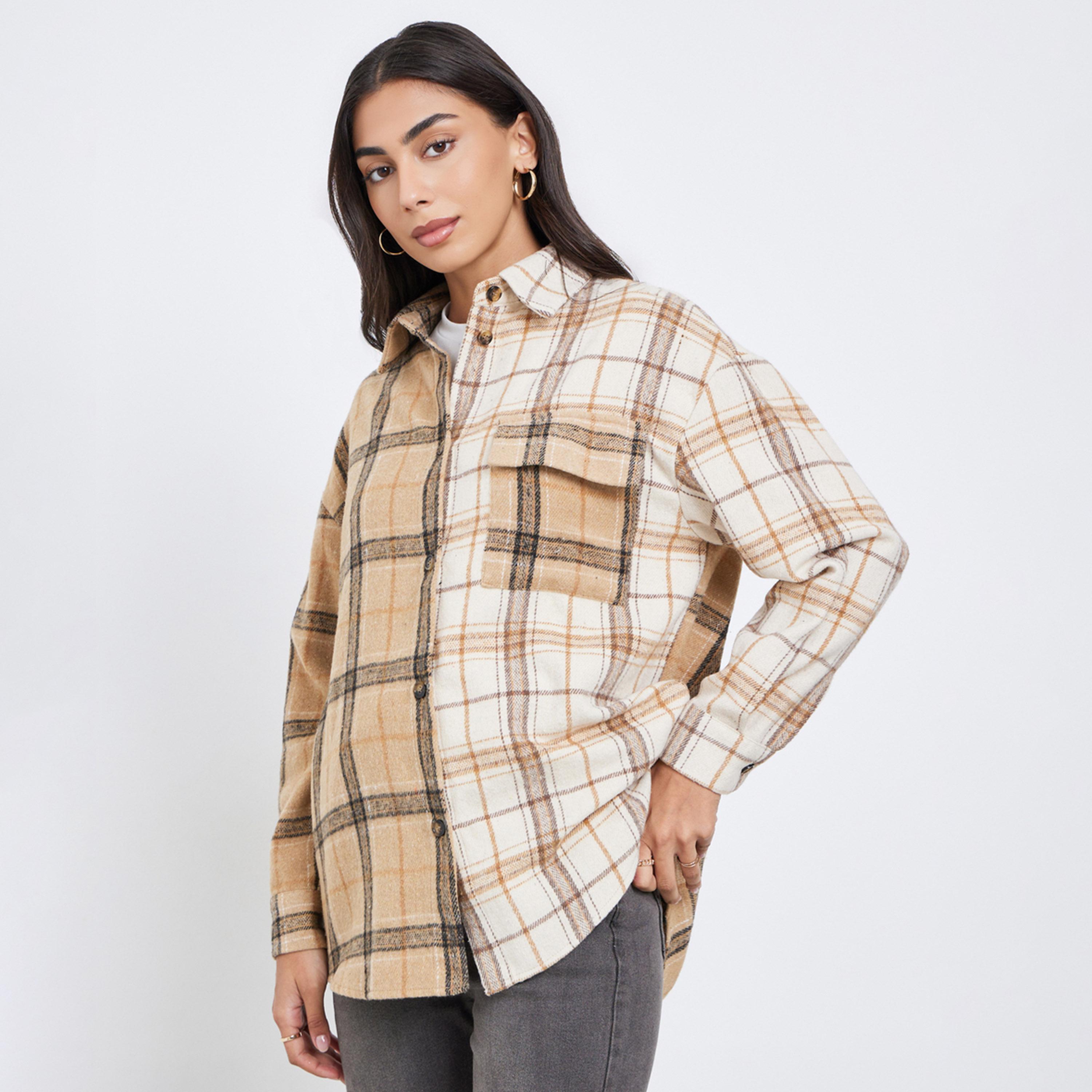 Styli Tan Checked Longline Oversized Shirt-women-clothing-shirtsandblouses-shirts-image-1
