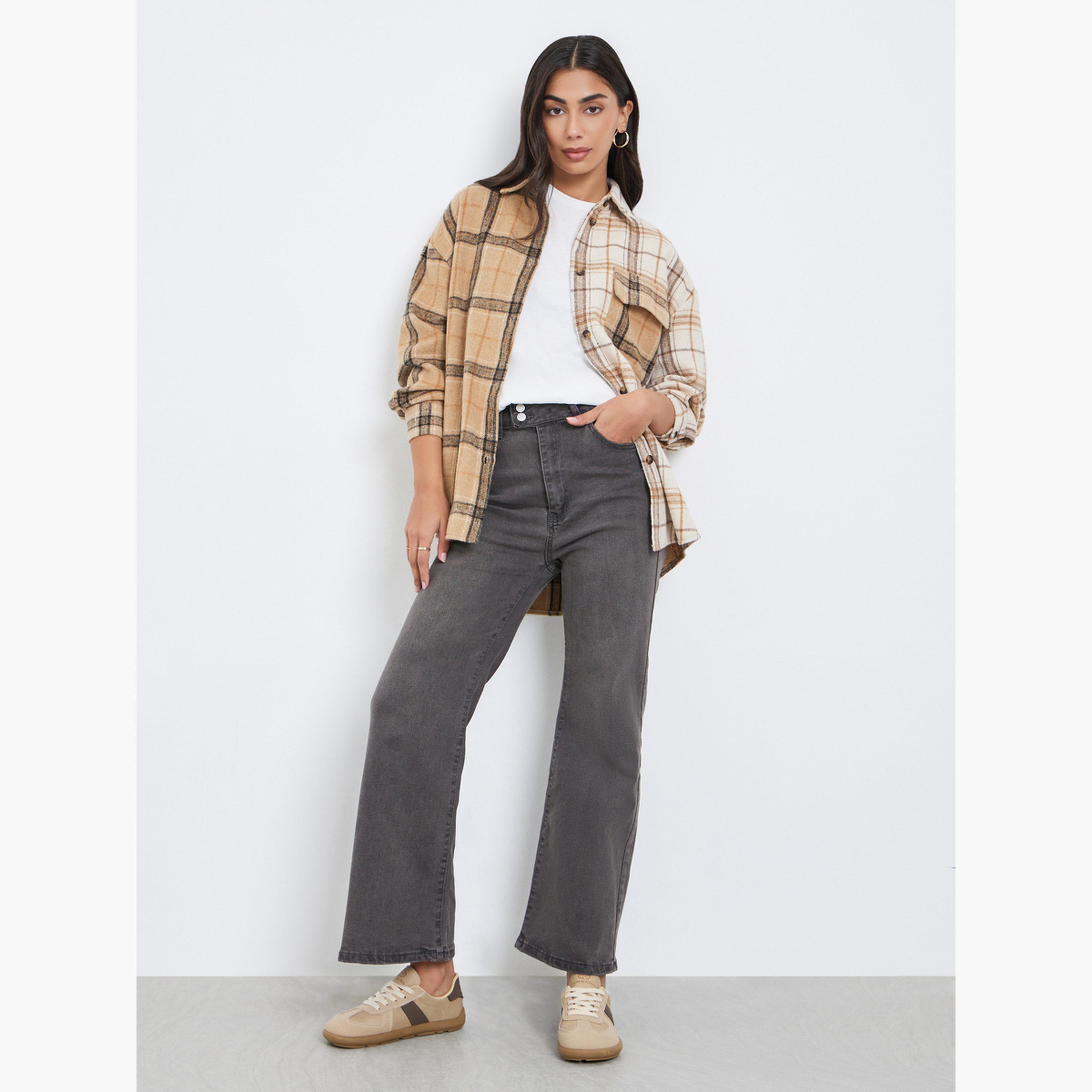 Styli Tan Checked Longline Oversized Shirt-women-clothing-shirtsandblouses-shirts-image-2