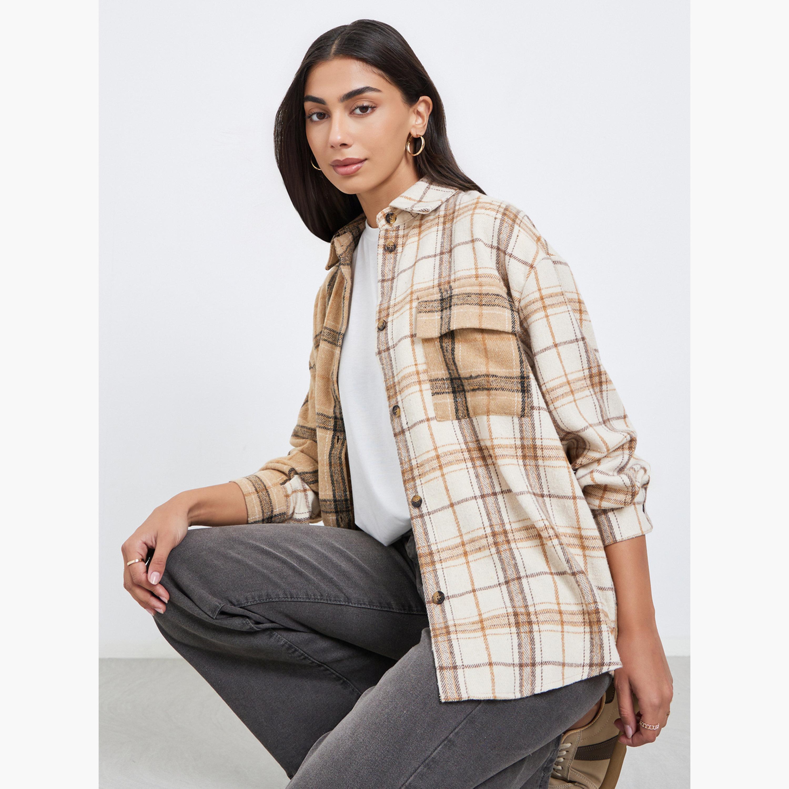 Styli Tan Checked Longline Oversized Shirt-women-clothing-shirtsandblouses-shirts-image-3