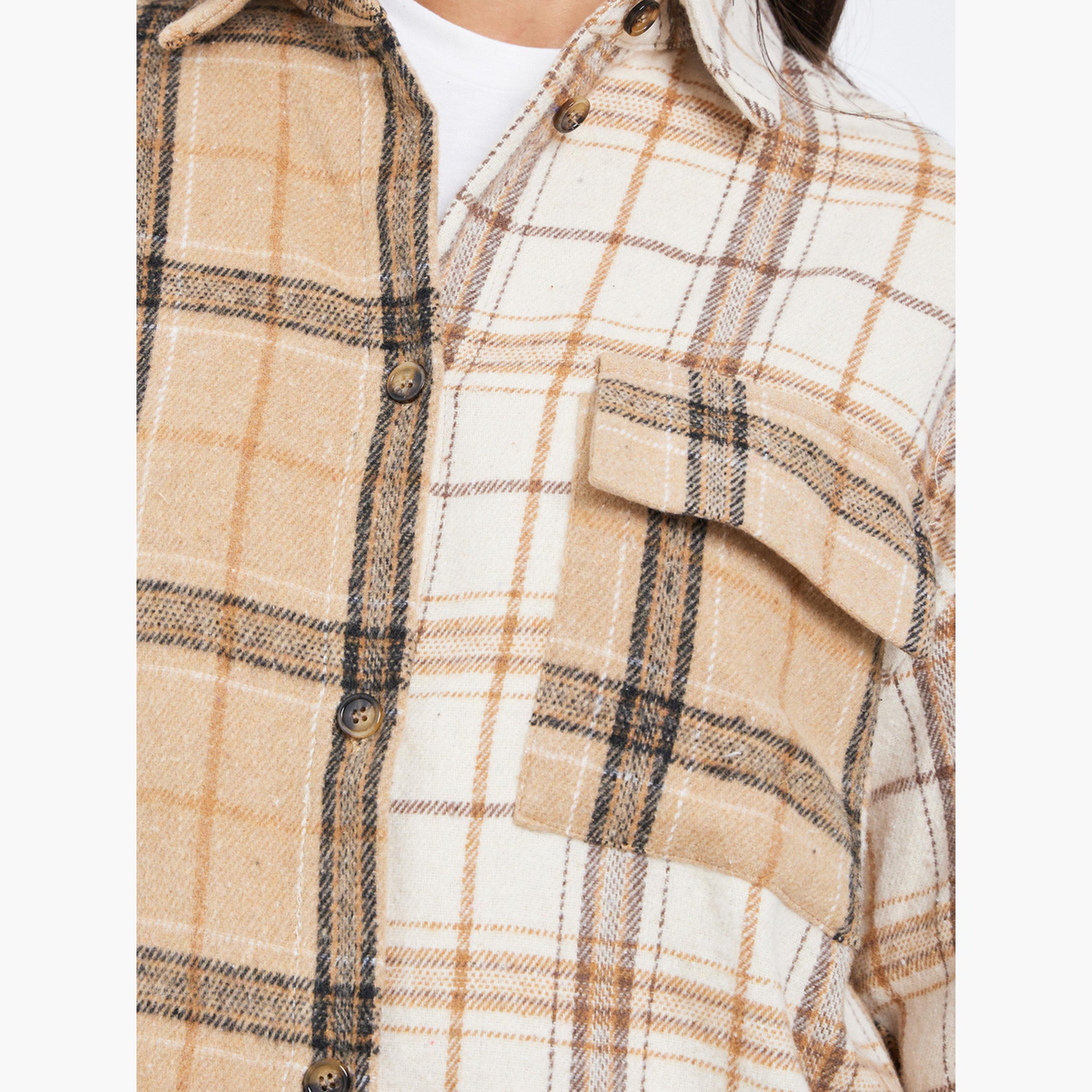 Styli Tan Checked Longline Oversized Shirt-women-clothing-shirtsandblouses-shirts-image-4