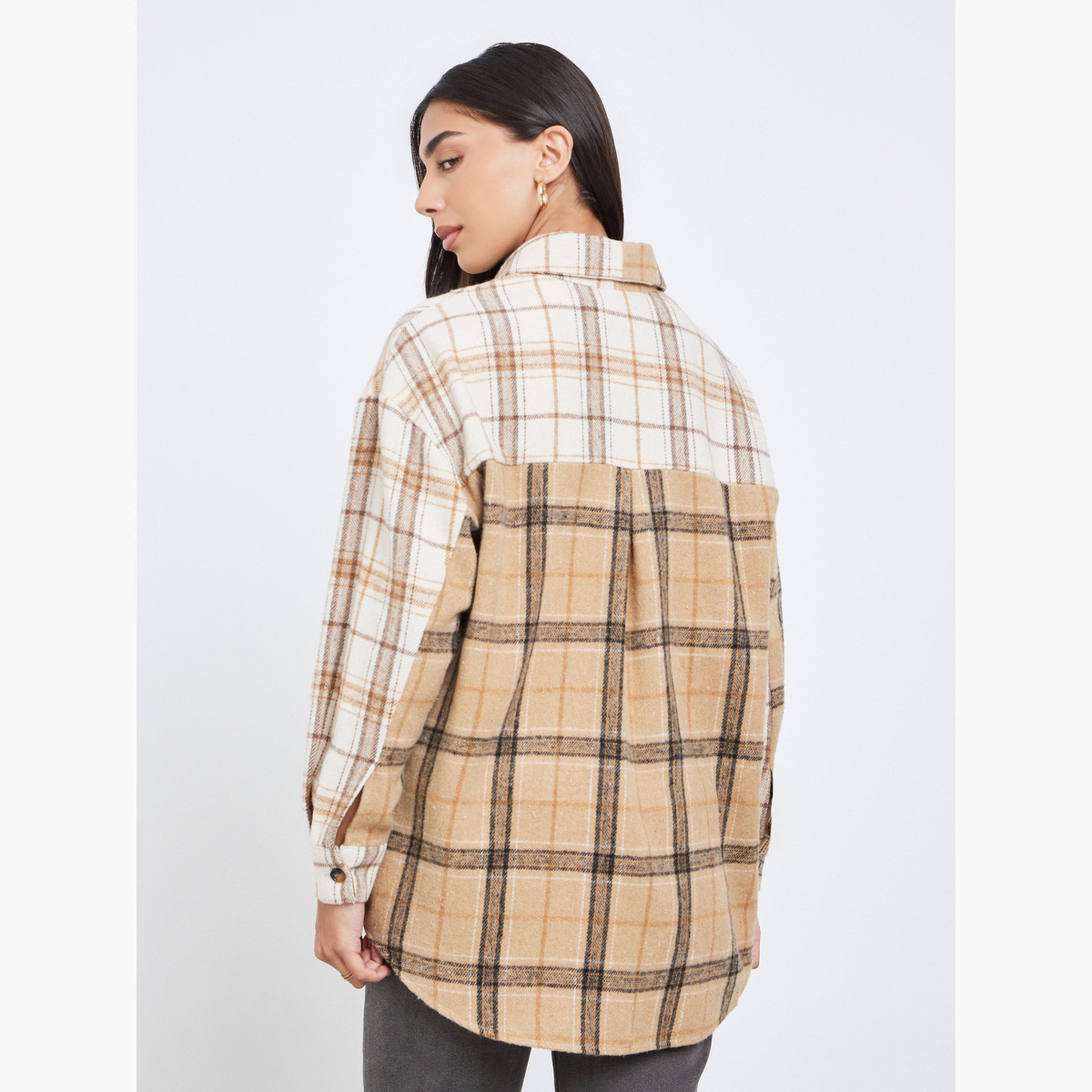 Styli Tan Checked Longline Oversized Shirt-women-clothing-shirtsandblouses-shirts-image-5