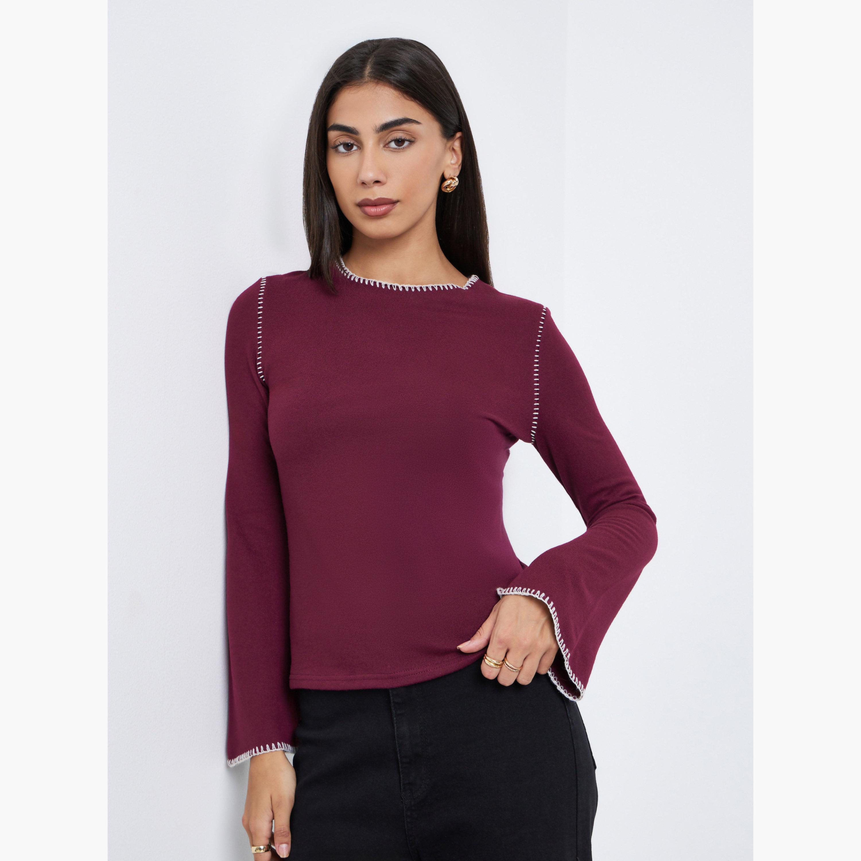 ستايلي - بلوزة محبوكة باللون البرغندي مع حياكة متقاطعة للنساء-women-clothing-tshirts-image-1