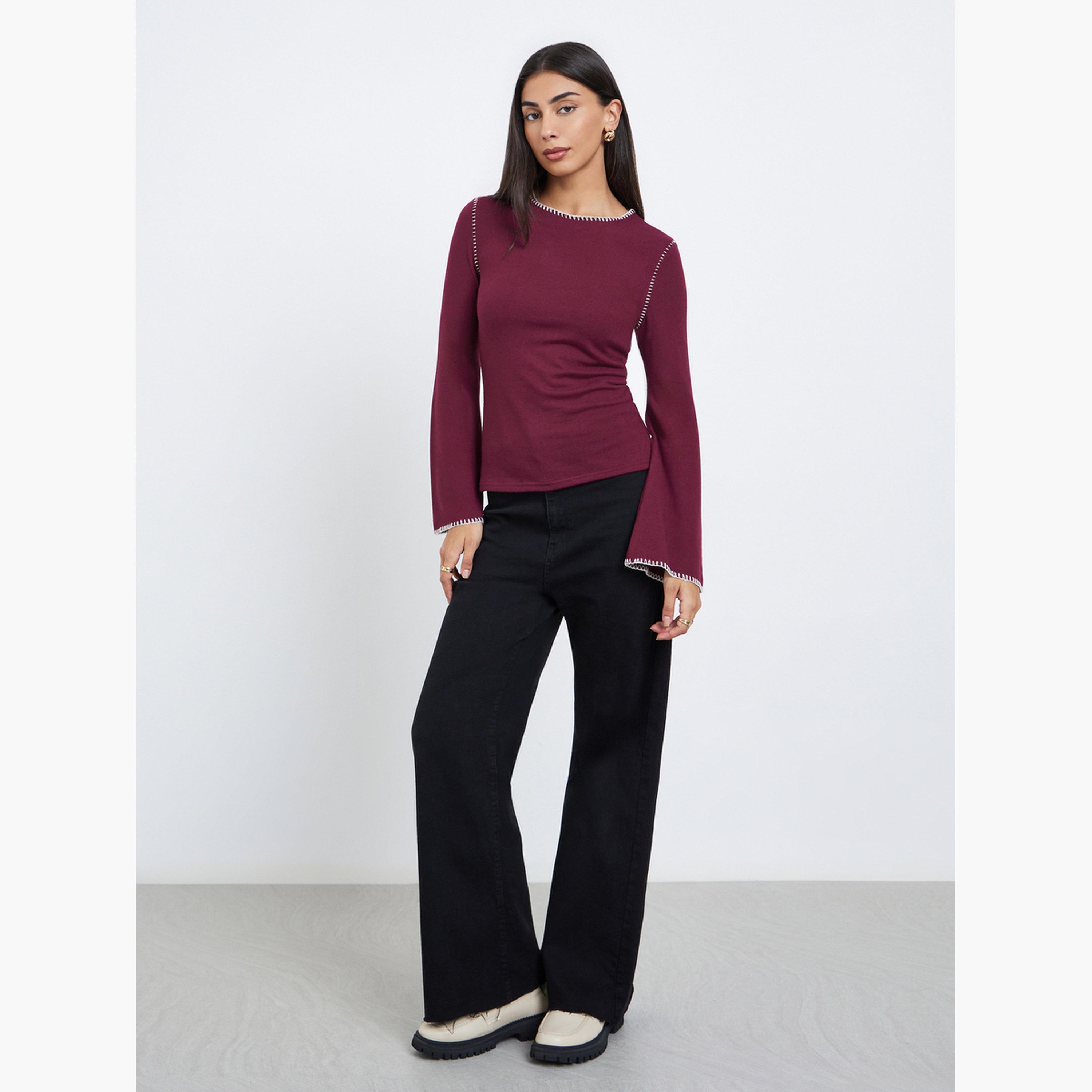 ستايلي - بلوزة محبوكة باللون البرغندي مع حياكة متقاطعة للنساء-women-clothing-tshirts-image-2
