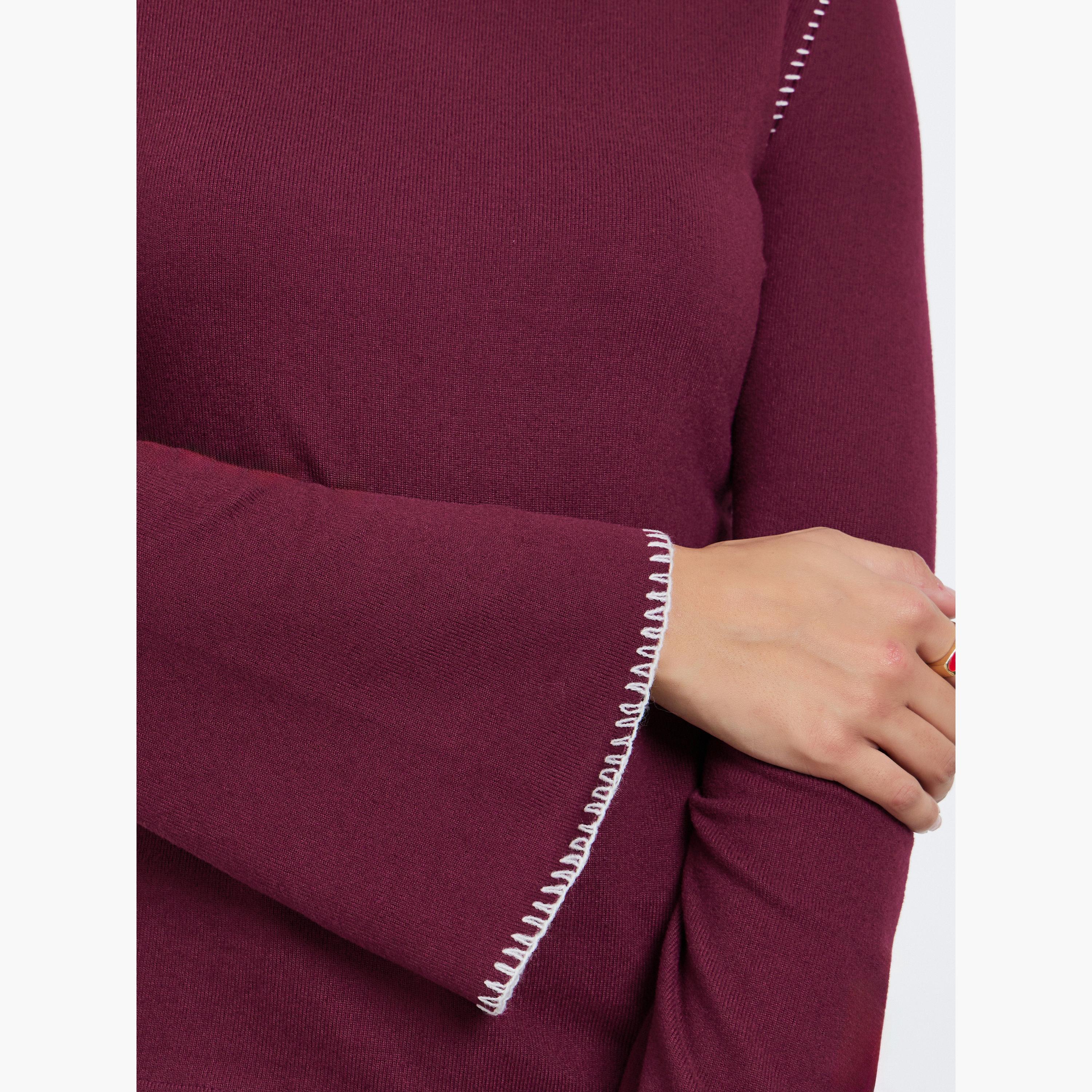 Styli Women Burgundy Knit Top with Overlock Seam-women-clothing-tshirts-image-3