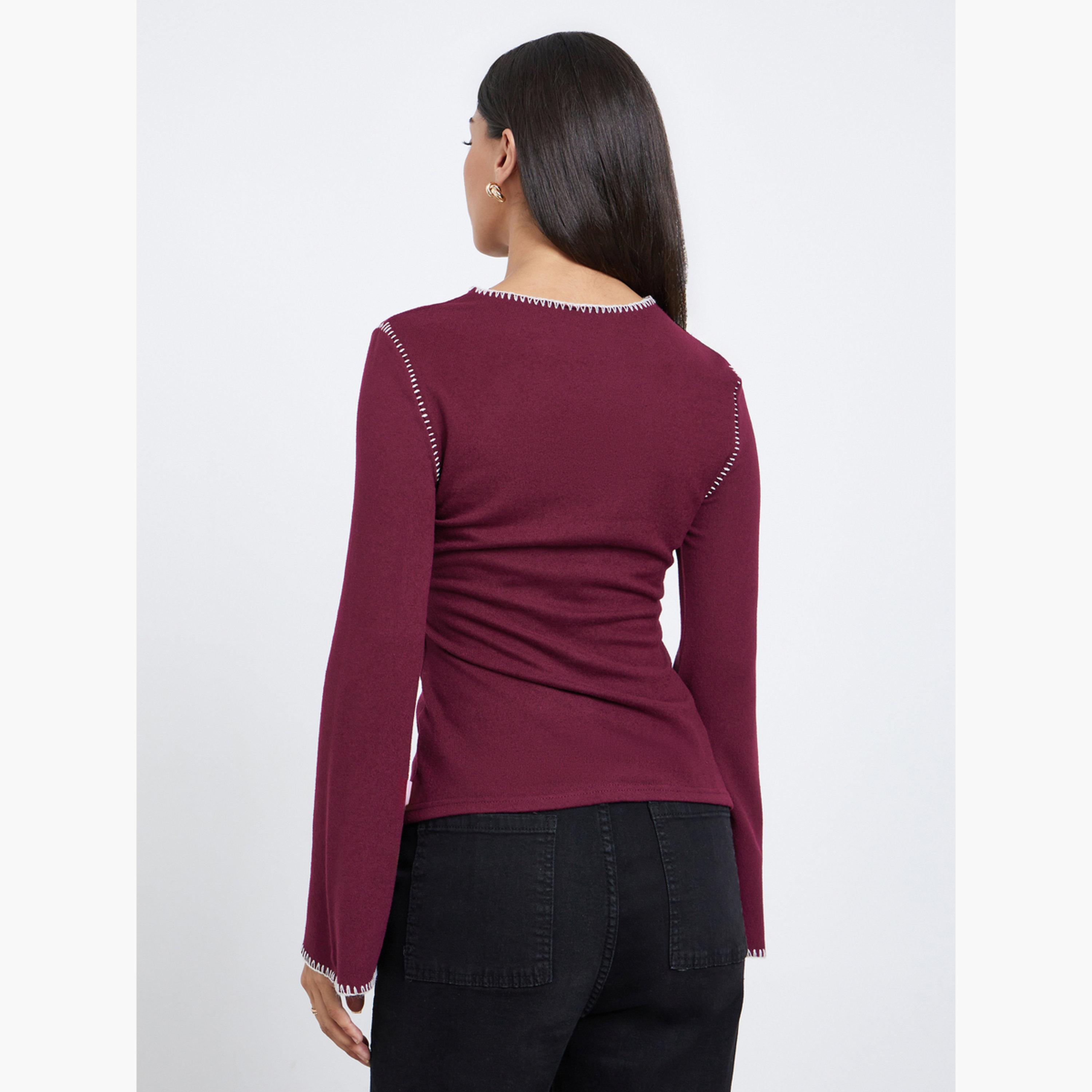 Styli Women Burgundy Knit Top with Overlock Seam-women-clothing-tshirts-image-4