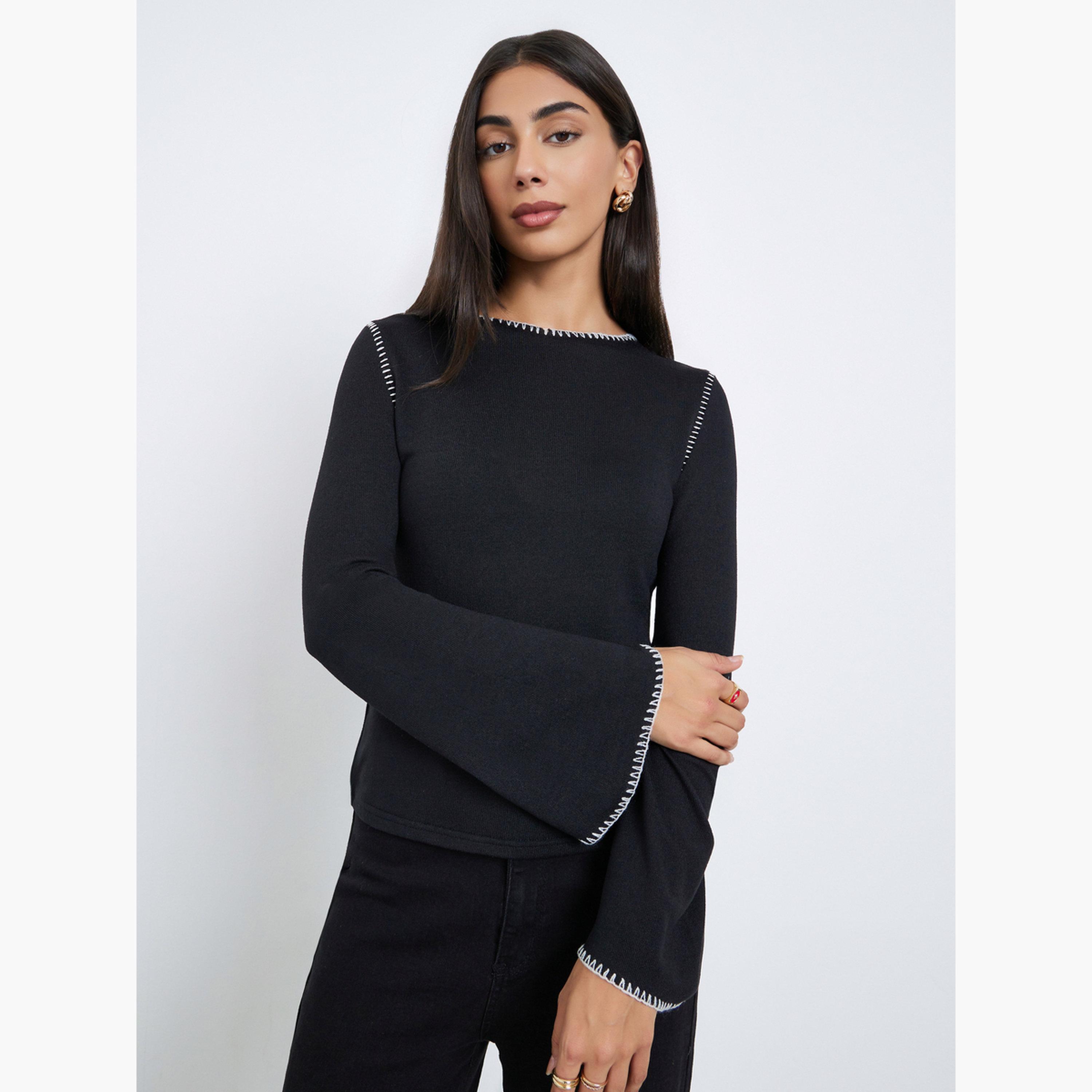 ستايلي - بلوزة سوداء محبوكة مع حياكة متقاطعة للنساء-women-clothing-tshirts-image-1