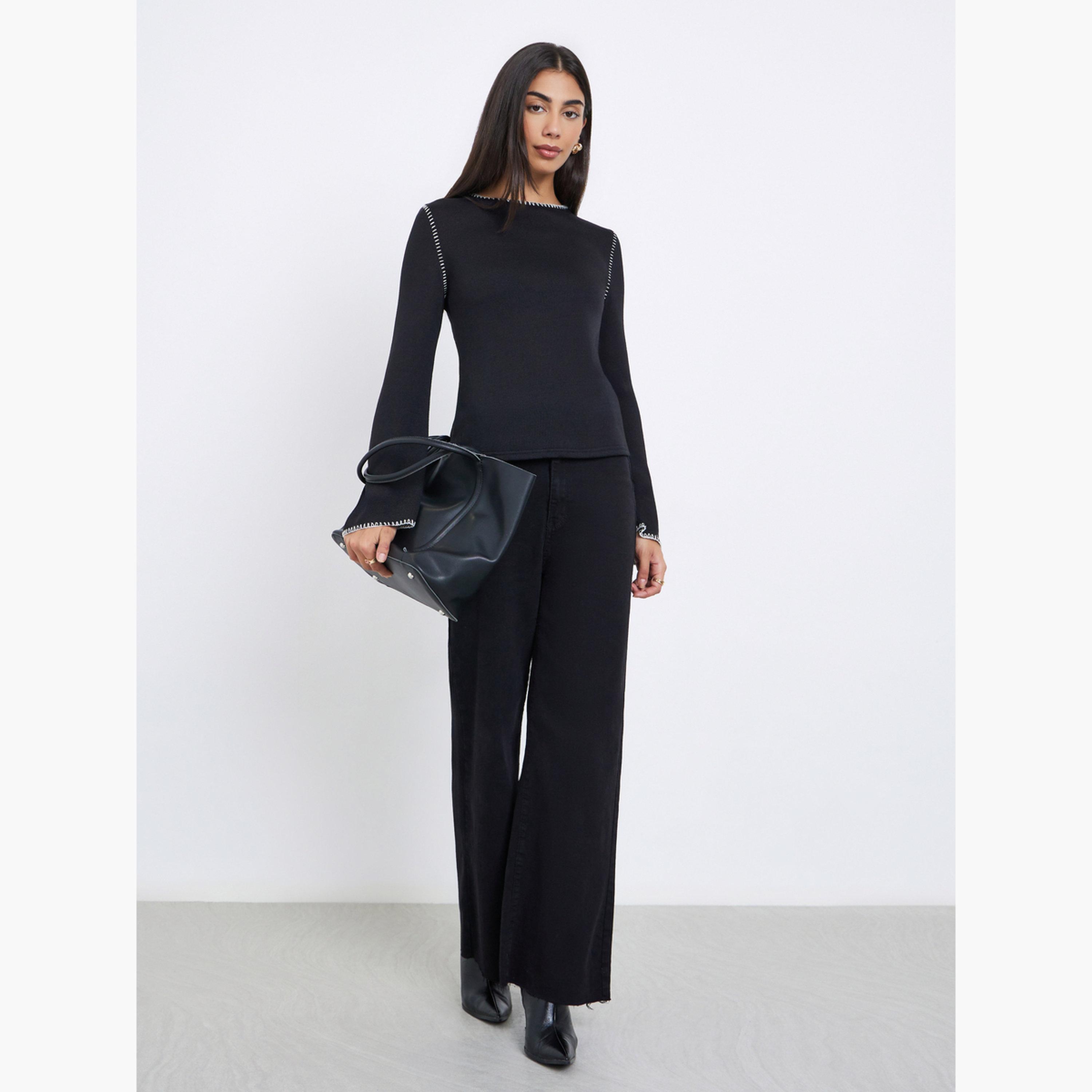ستايلي - بلوزة سوداء محبوكة مع حياكة متقاطعة للنساء-women-clothing-tshirts-image-2