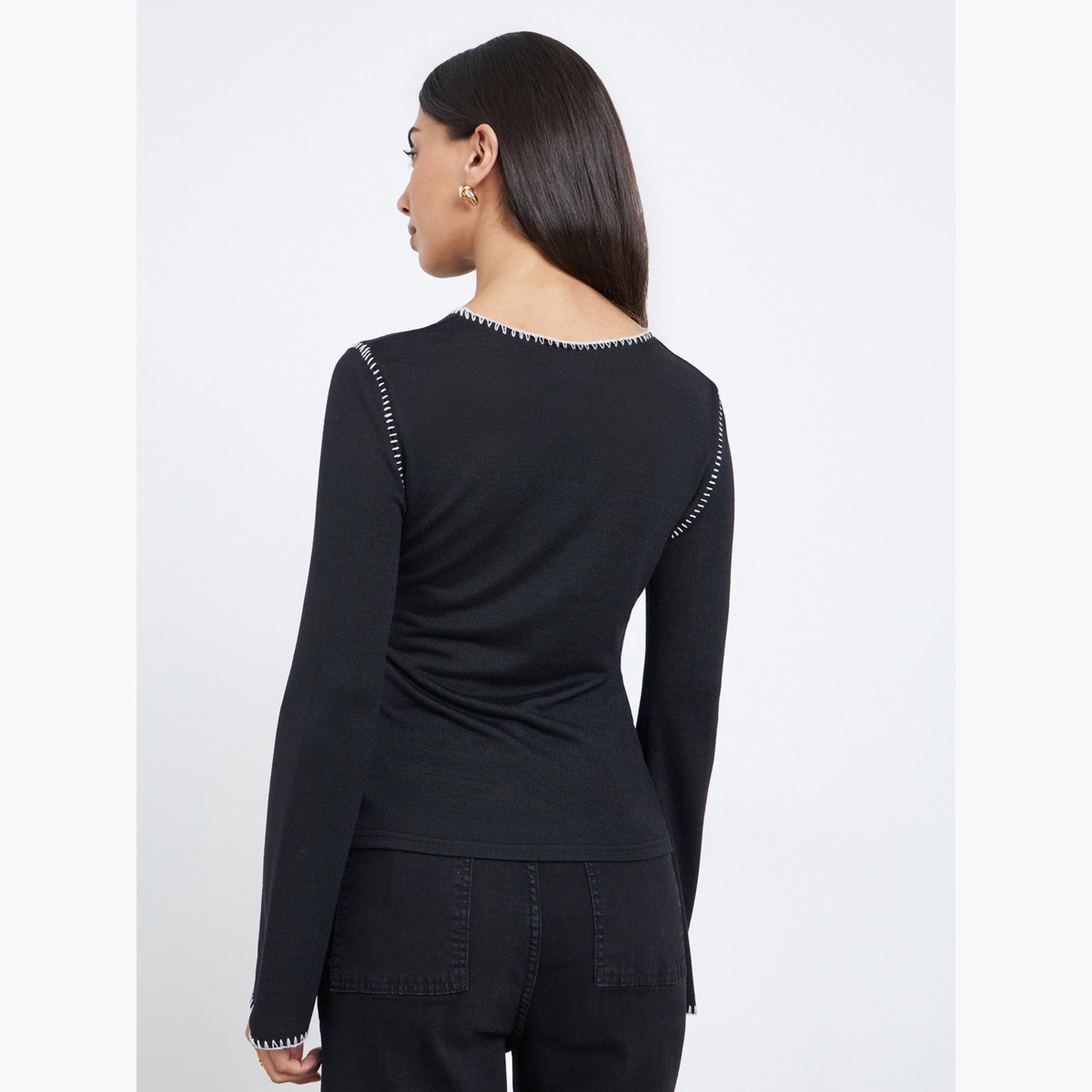 ستايلي - بلوزة سوداء محبوكة مع حياكة متقاطعة للنساء-women-clothing-tshirts-image-4