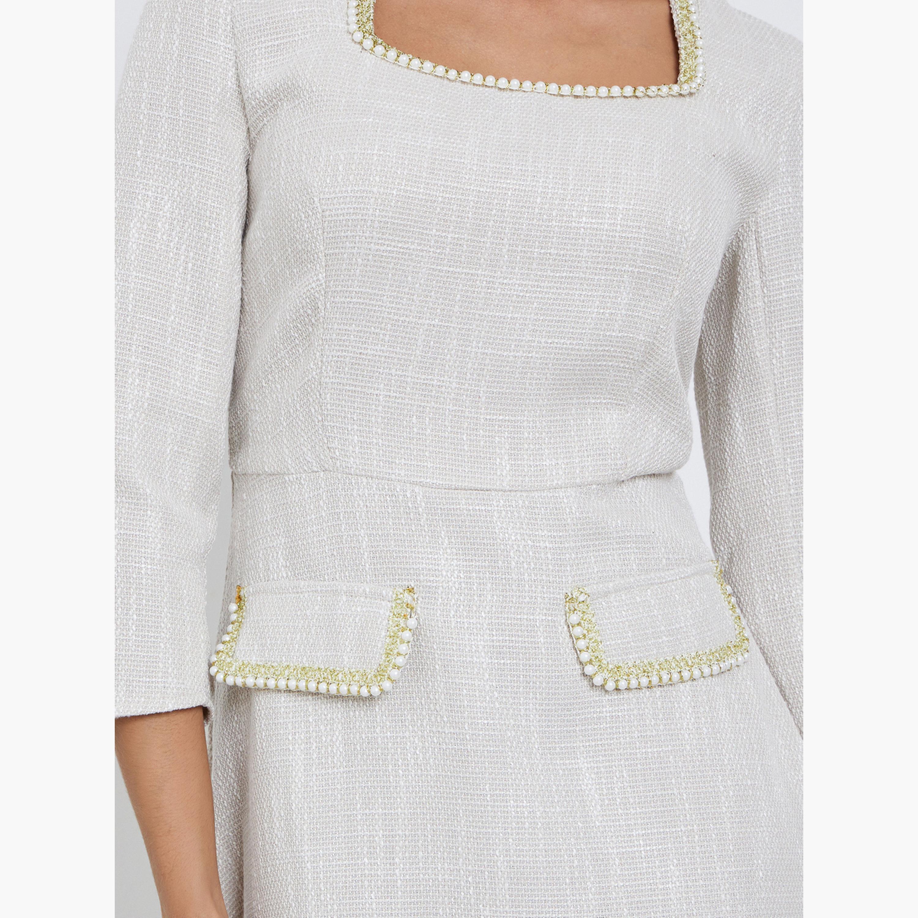 ستايلي - فستان تويد متوسط ​​الطول أبيض عاجي بتفاصيل لؤلؤ صناعي-women-clothing-dresses-image-4