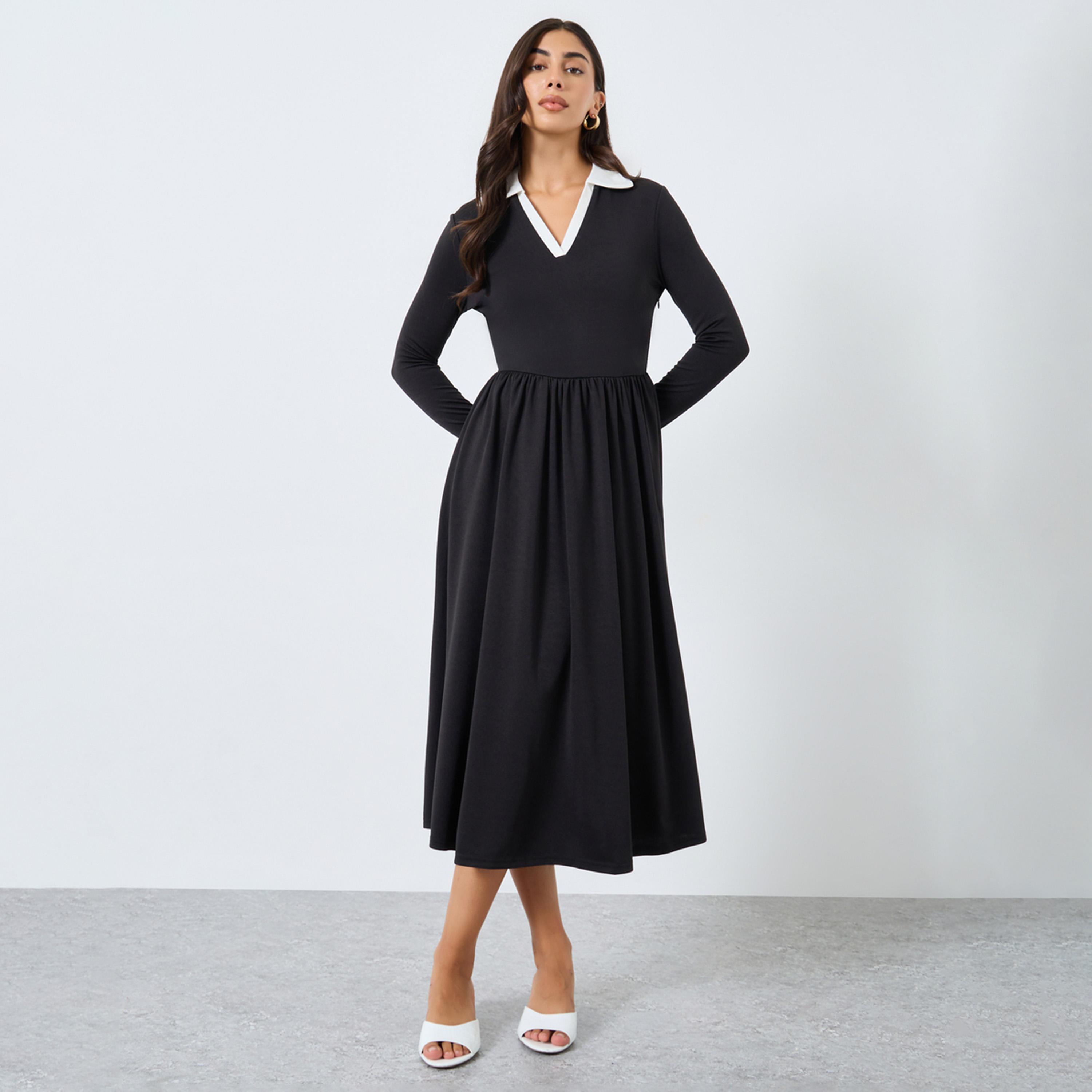 Styli Black Midi Dress with Open Collar-women-clothing-dresses-image-1