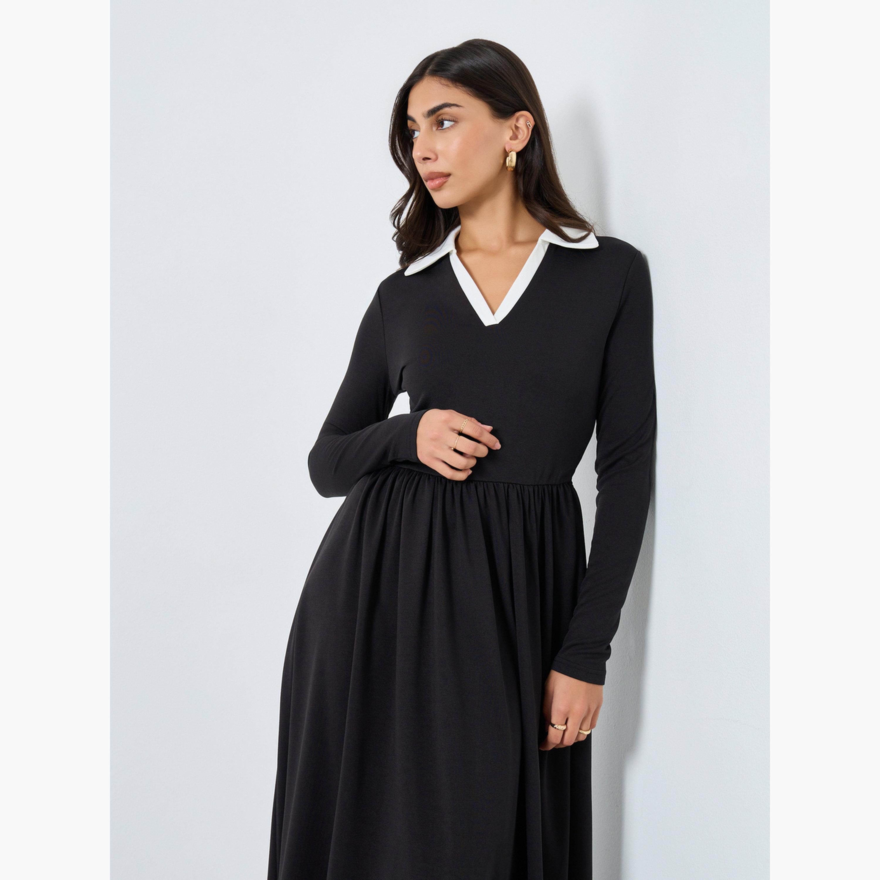 Styli Black Midi Dress with Open Collar-women-clothing-dresses-image-2