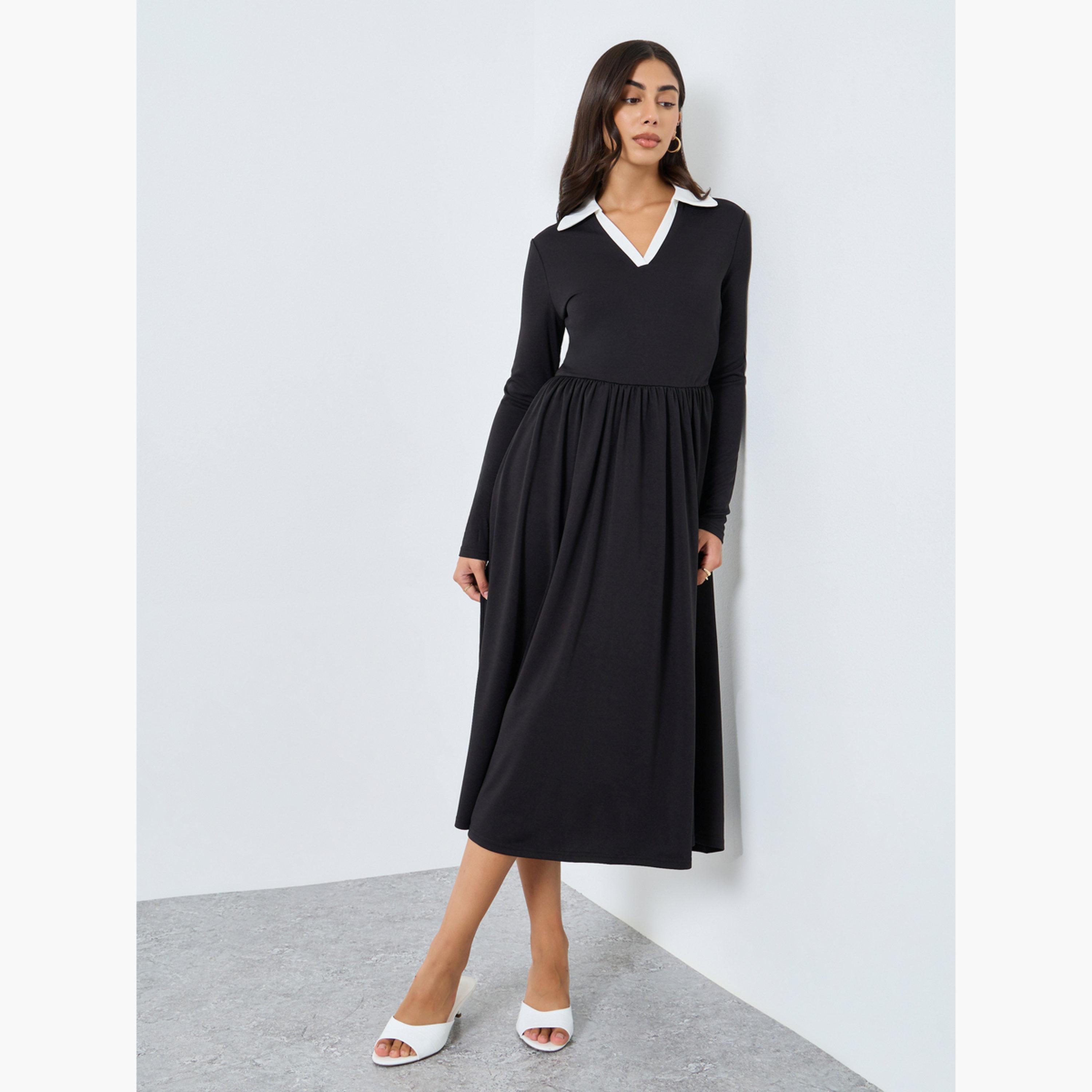 Styli Black Midi Dress with Open Collar-women-clothing-dresses-image-3