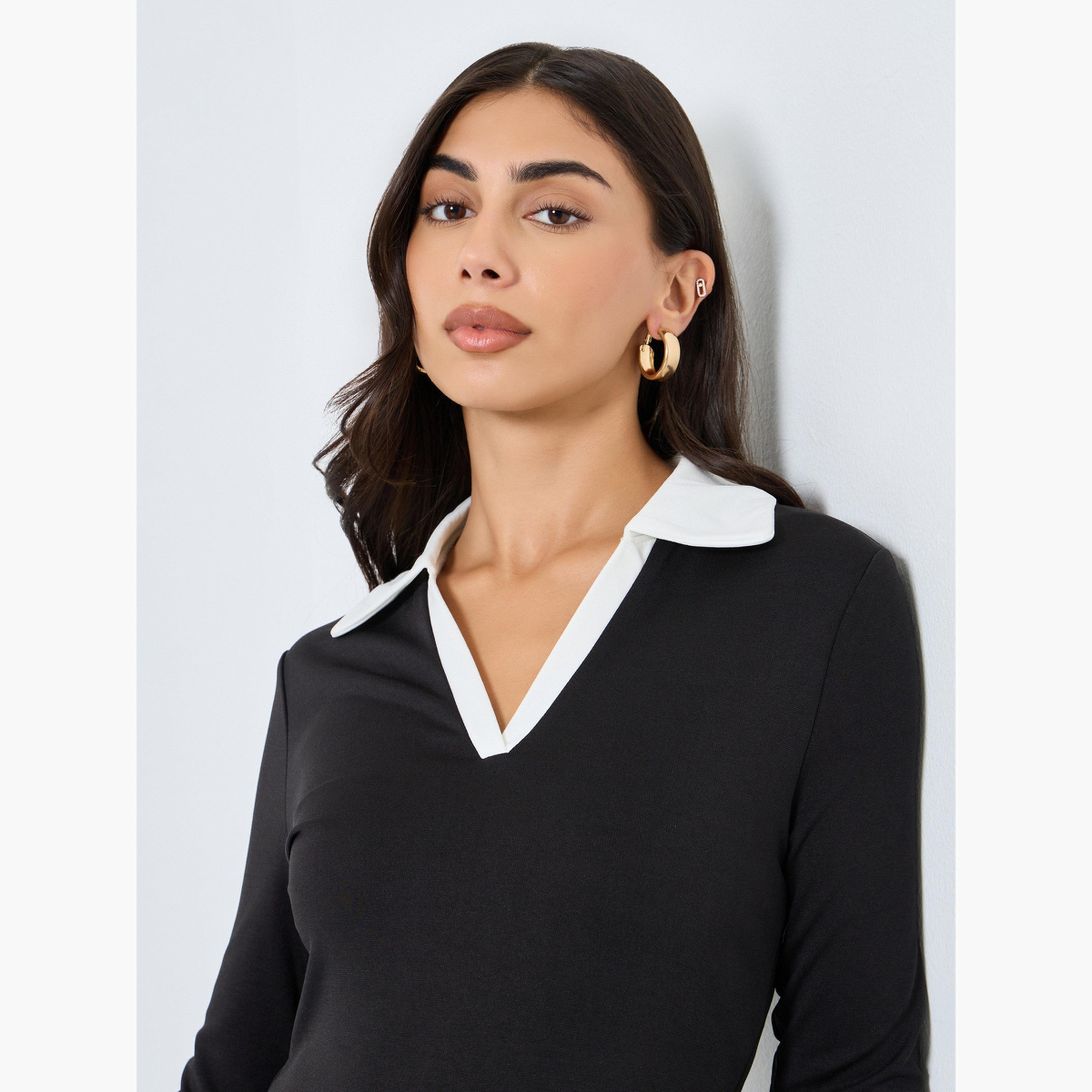 Styli Black Midi Dress with Open Collar-women-clothing-dresses-image-4