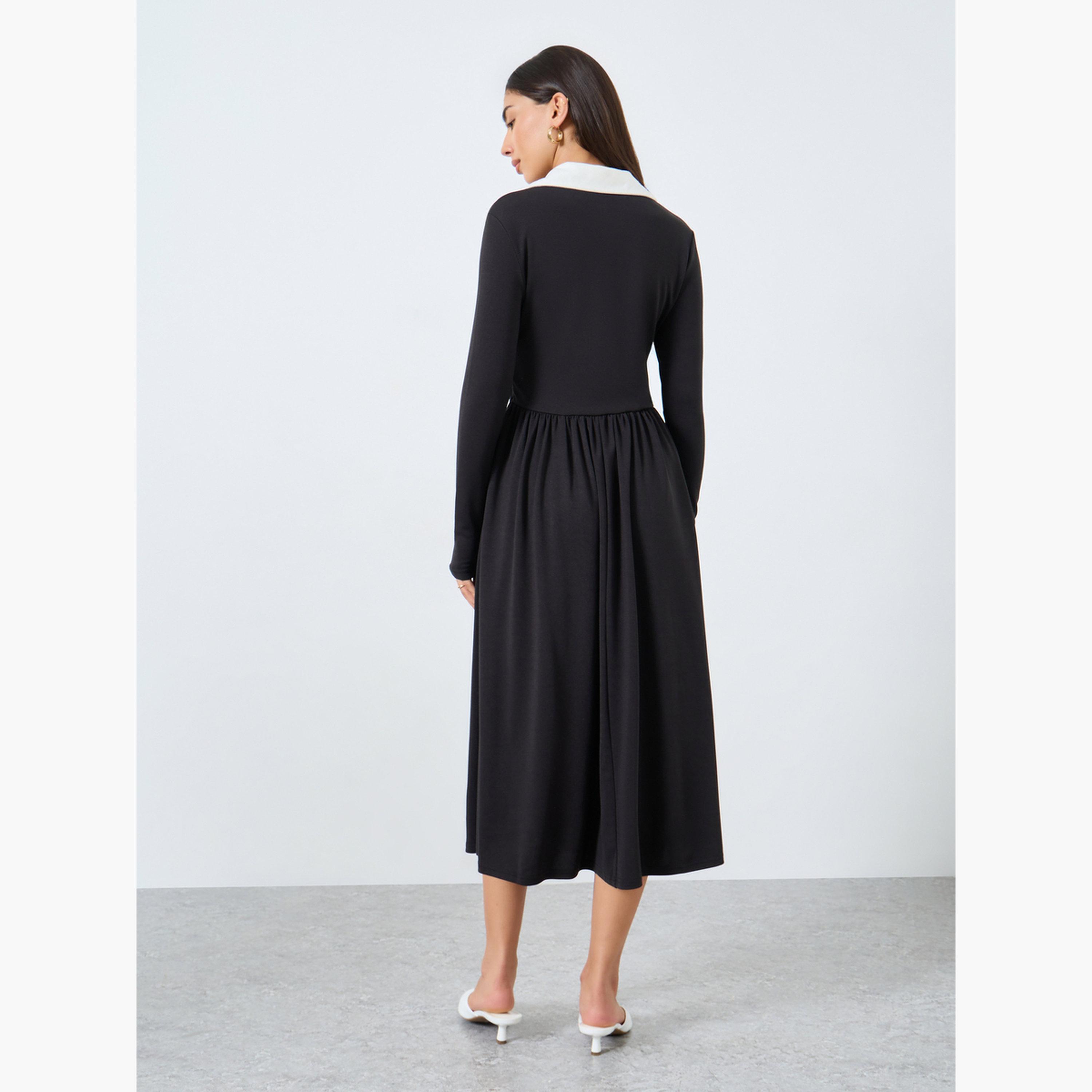 Styli Black Midi Dress with Open Collar-women-clothing-dresses-image-5