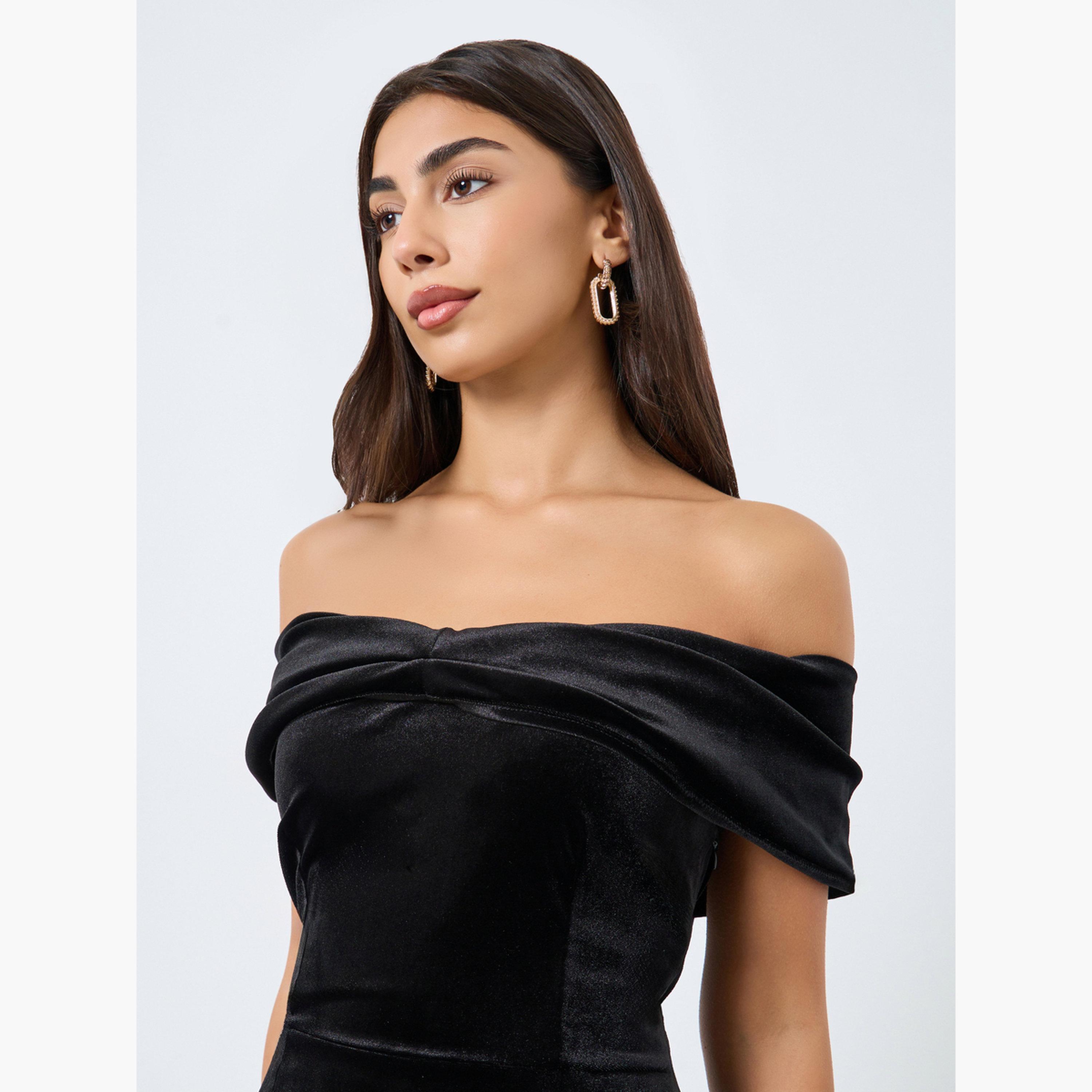 ستايلي - فستان سهرة ماكسي أسود مخملي مكشوف الكتفين للنساء-women-clothing-dresses-image-3
