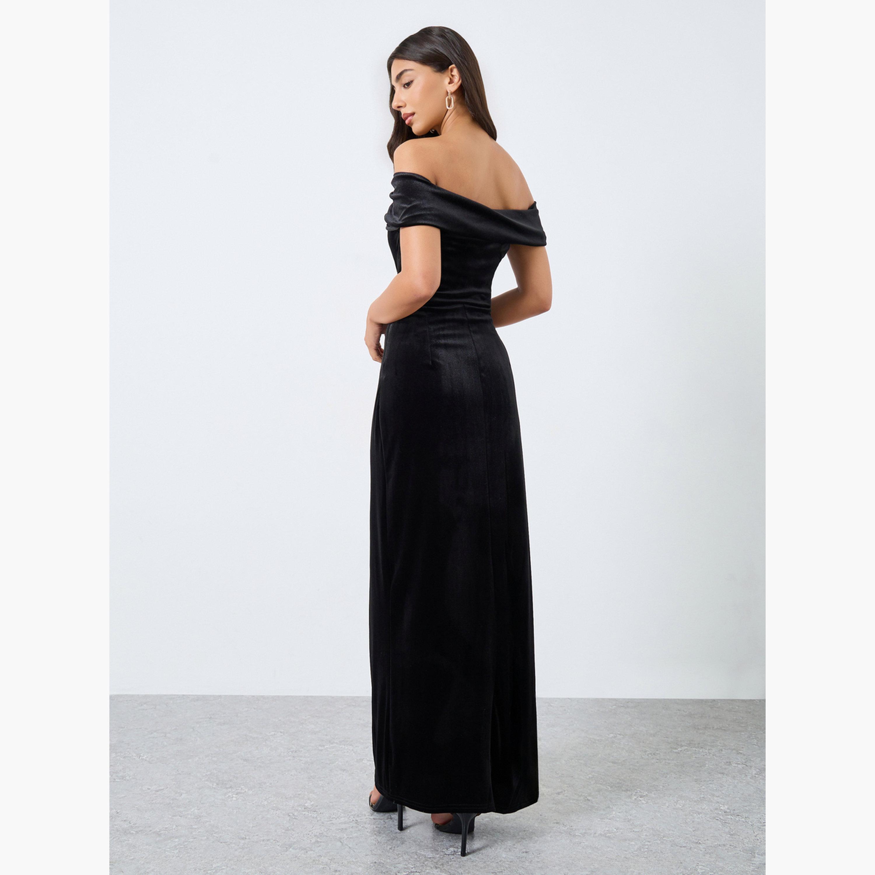 ستايلي - فستان سهرة ماكسي أسود مخملي مكشوف الكتفين للنساء-women-clothing-dresses-image-4