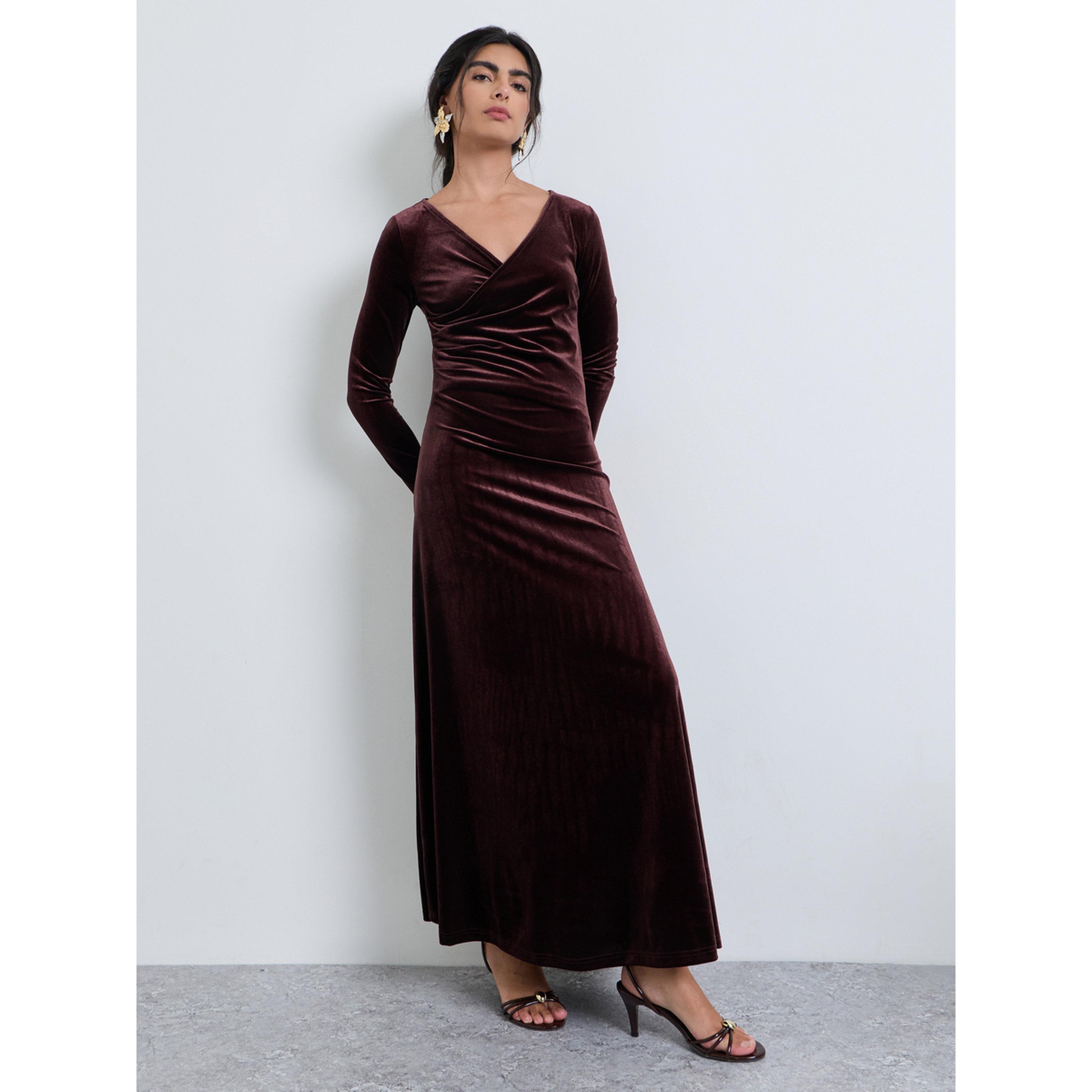 Styli Brown Velvet Look Wrap Front Maxi Evening Dress-women-clothing-dresses-image-1