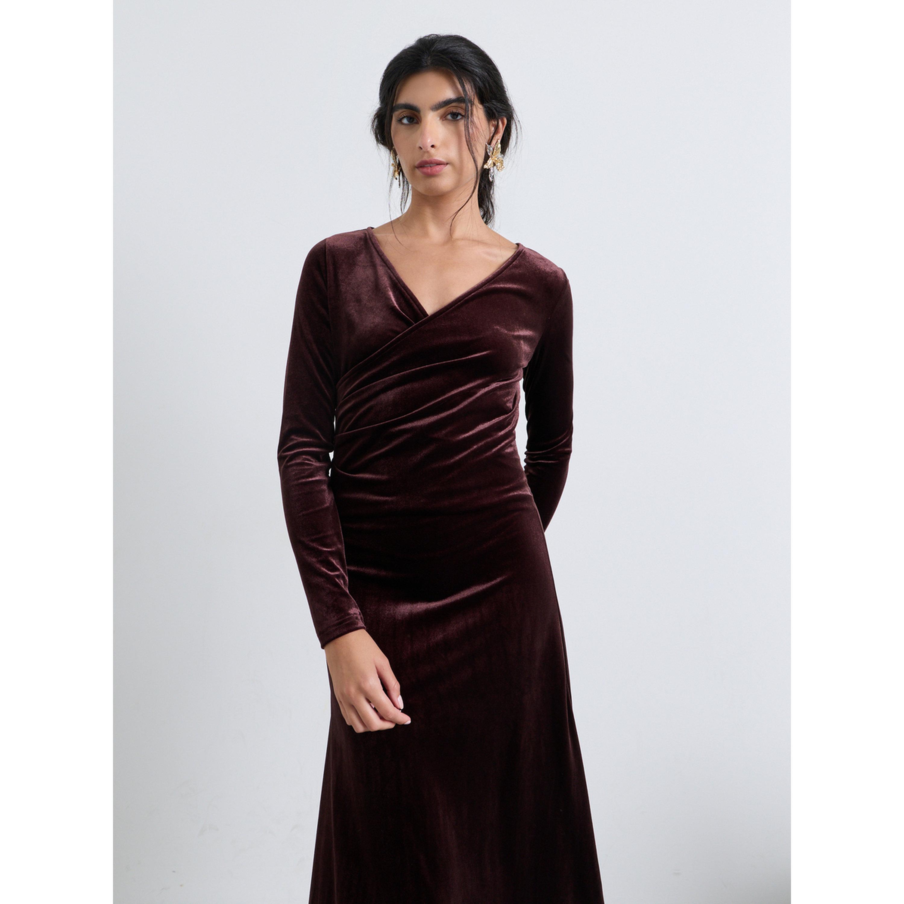 Styli Brown Velvet Look Wrap Front Maxi Evening Dress-women-clothing-dresses-image-2