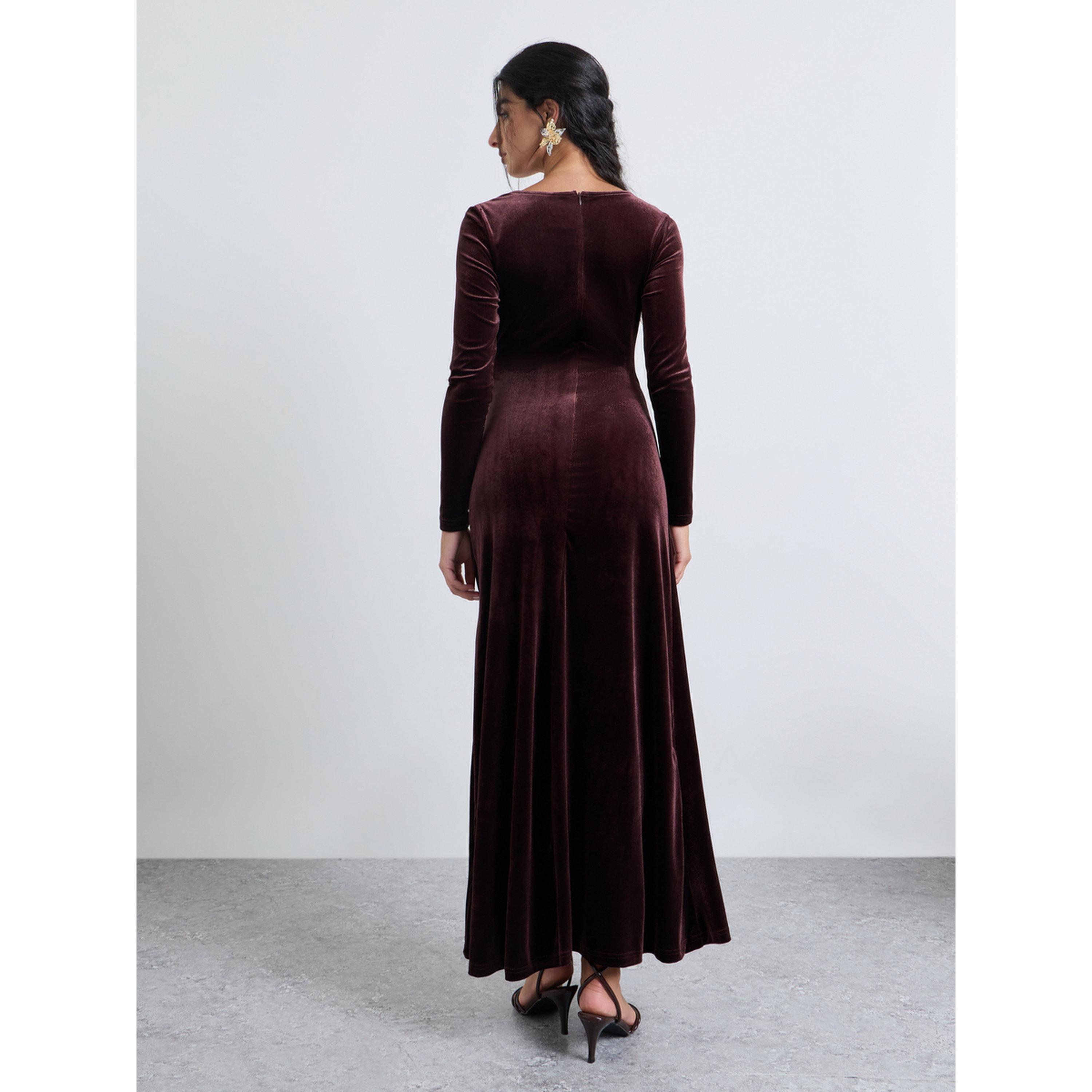 Styli Brown Velvet Look Wrap Front Maxi Evening Dress-women-clothing-dresses-image-3