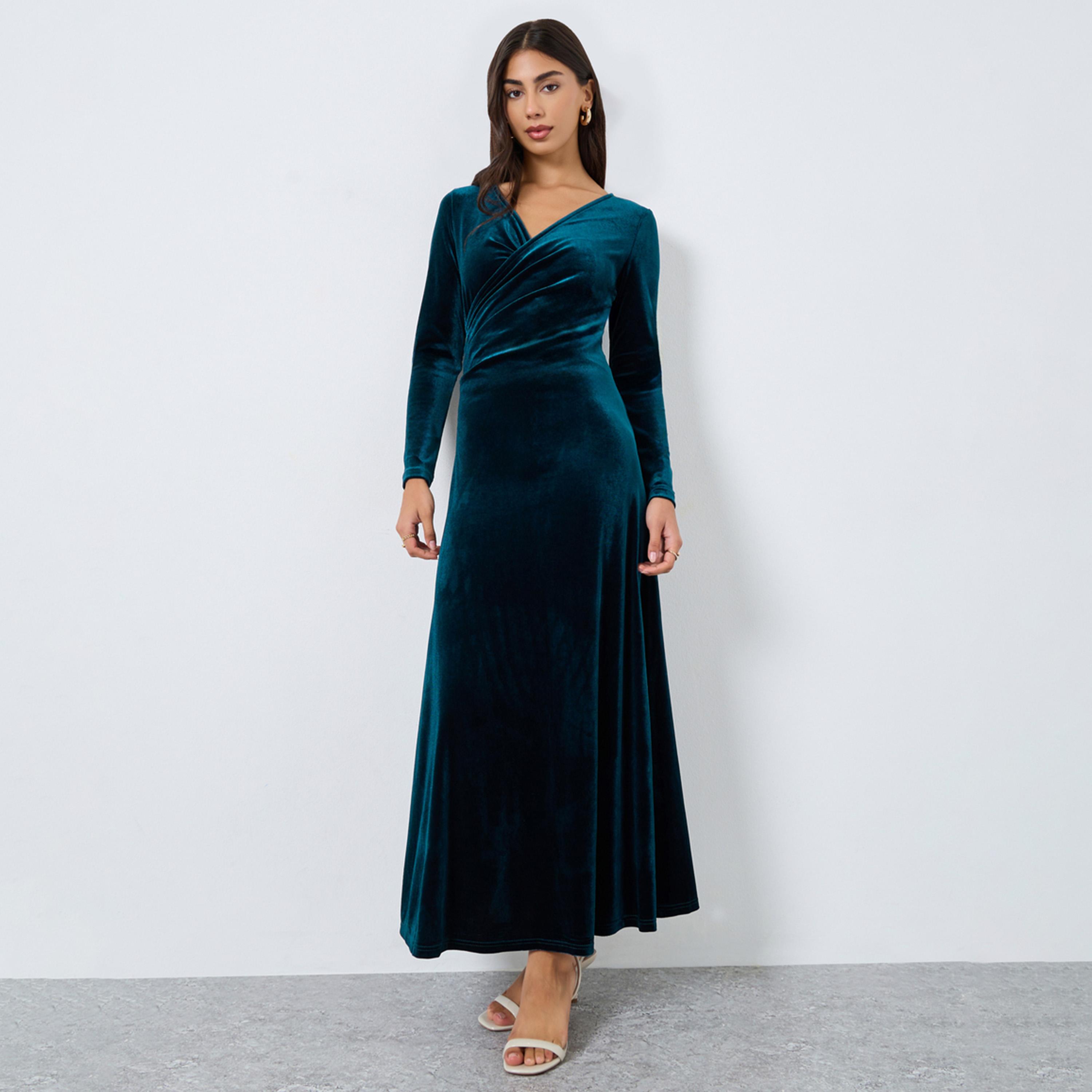 Styli Teal Velvet Look Wrap Front Maxi Evening Dress-women-clothing-dresses-image-1