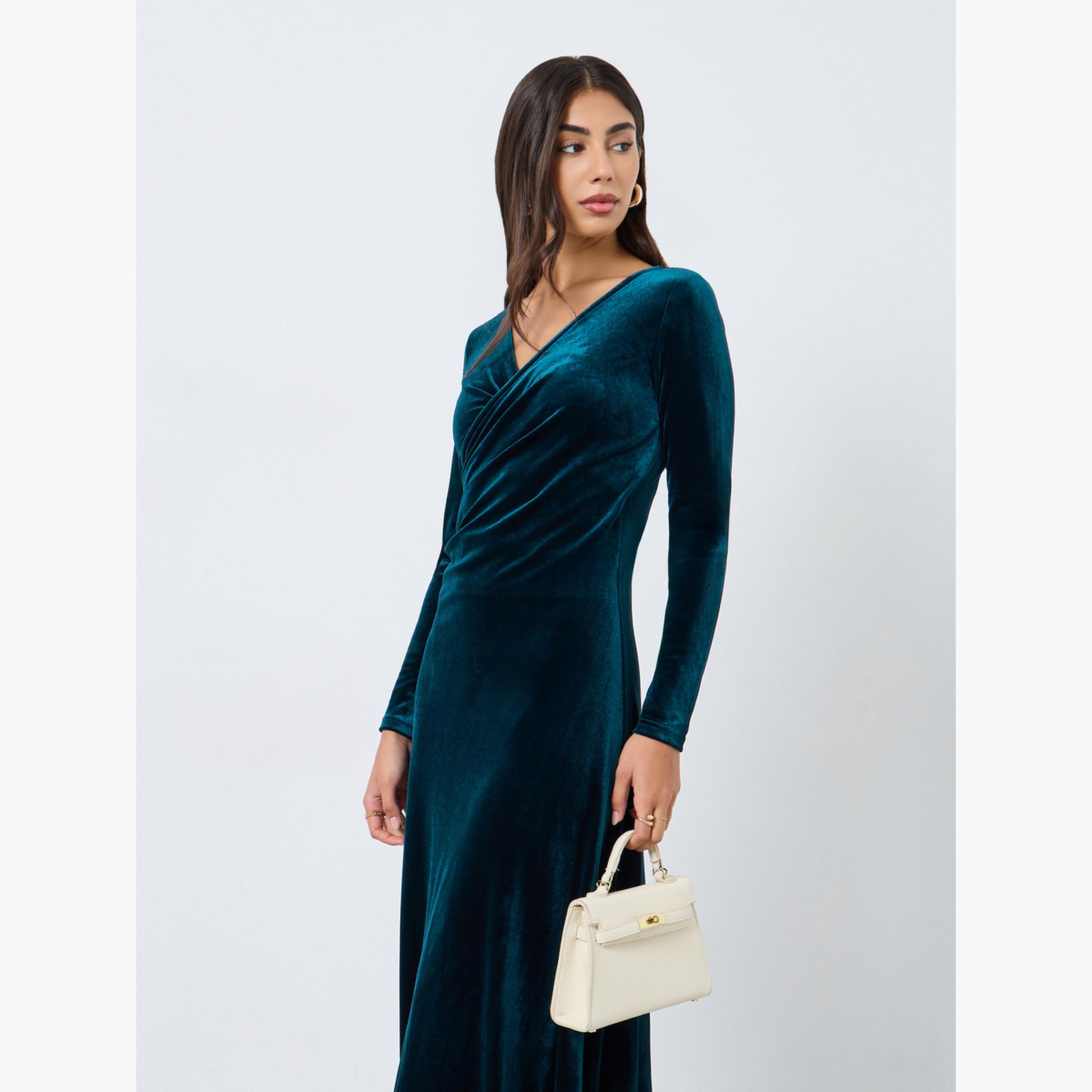 Styli Teal Velvet Look Wrap Front Maxi Evening Dress-women-clothing-dresses-image-3