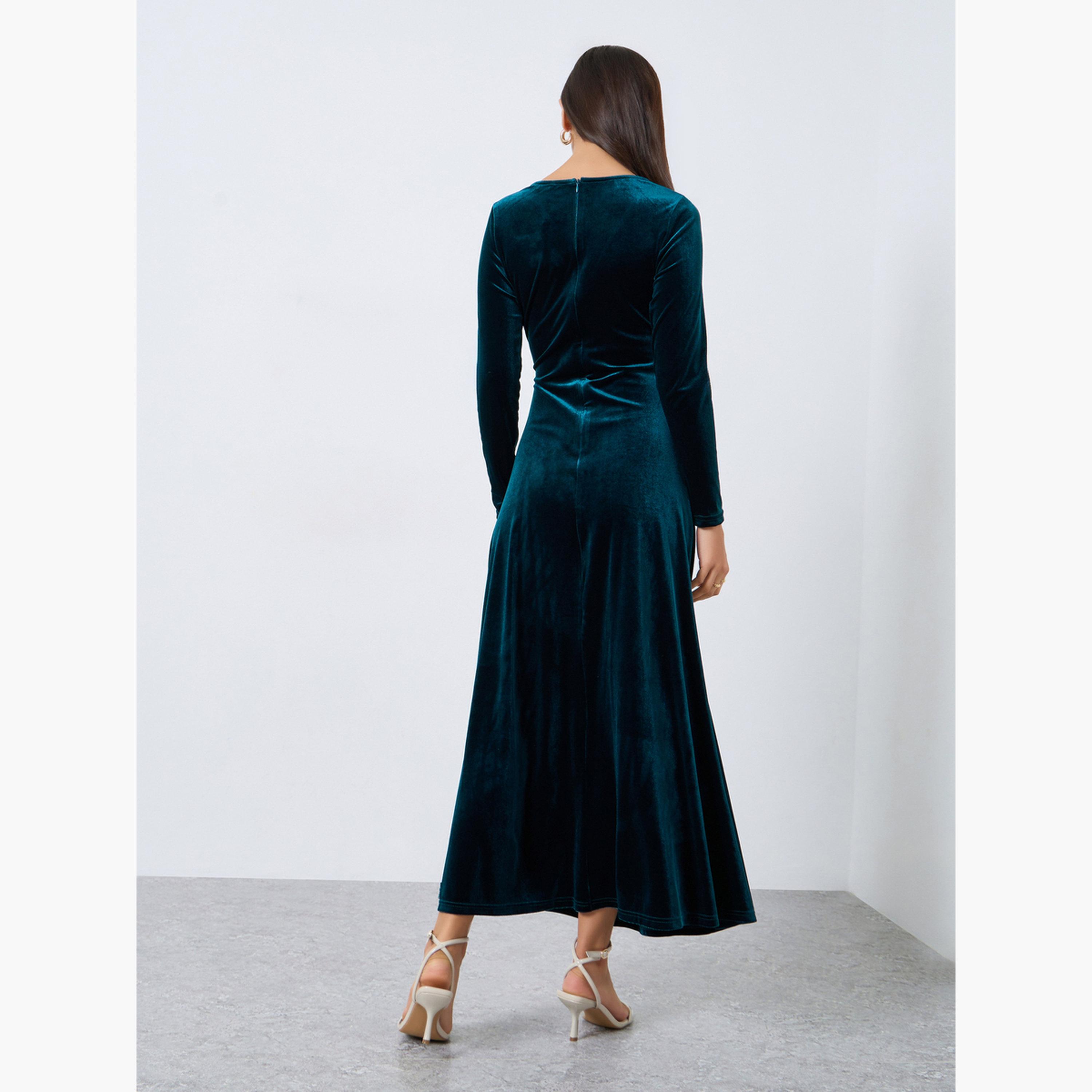 Styli Teal Velvet Look Wrap Front Maxi Evening Dress-women-clothing-dresses-image-5