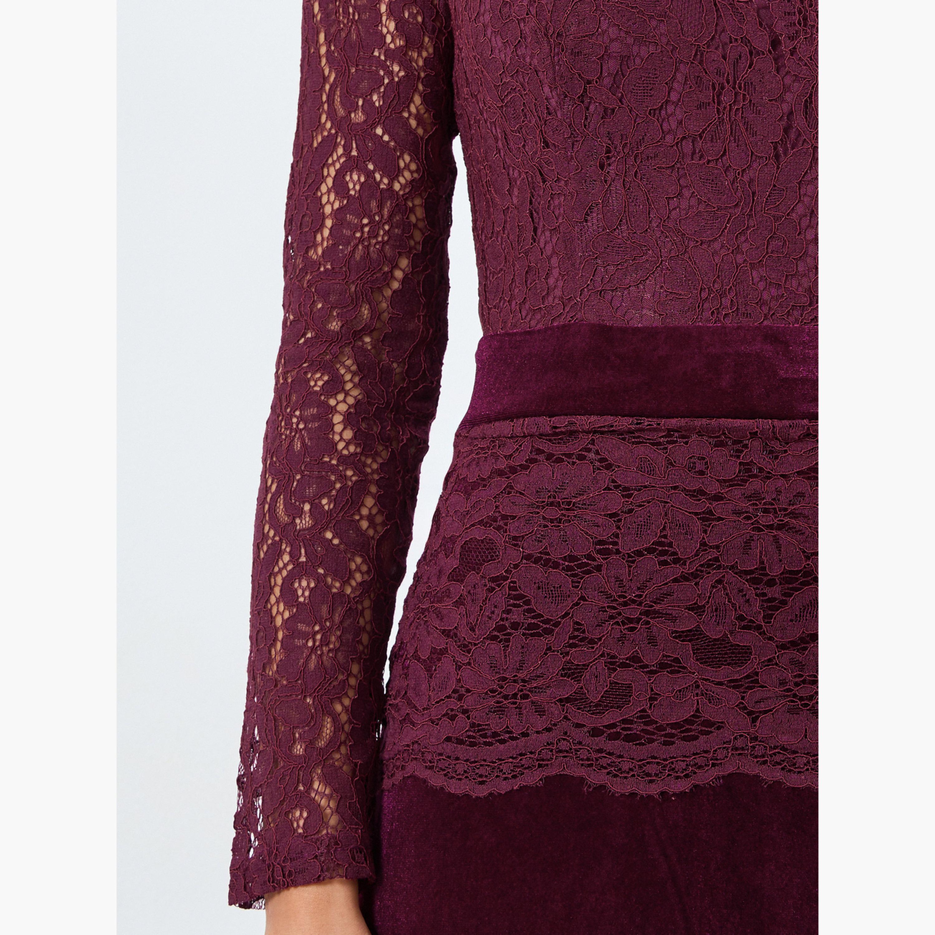 ستايلي - فستان متوسط ​​الطول بحافة حورية البحر ومزين بالدانتيل لون برغندي-women-clothing-dresses-image-3