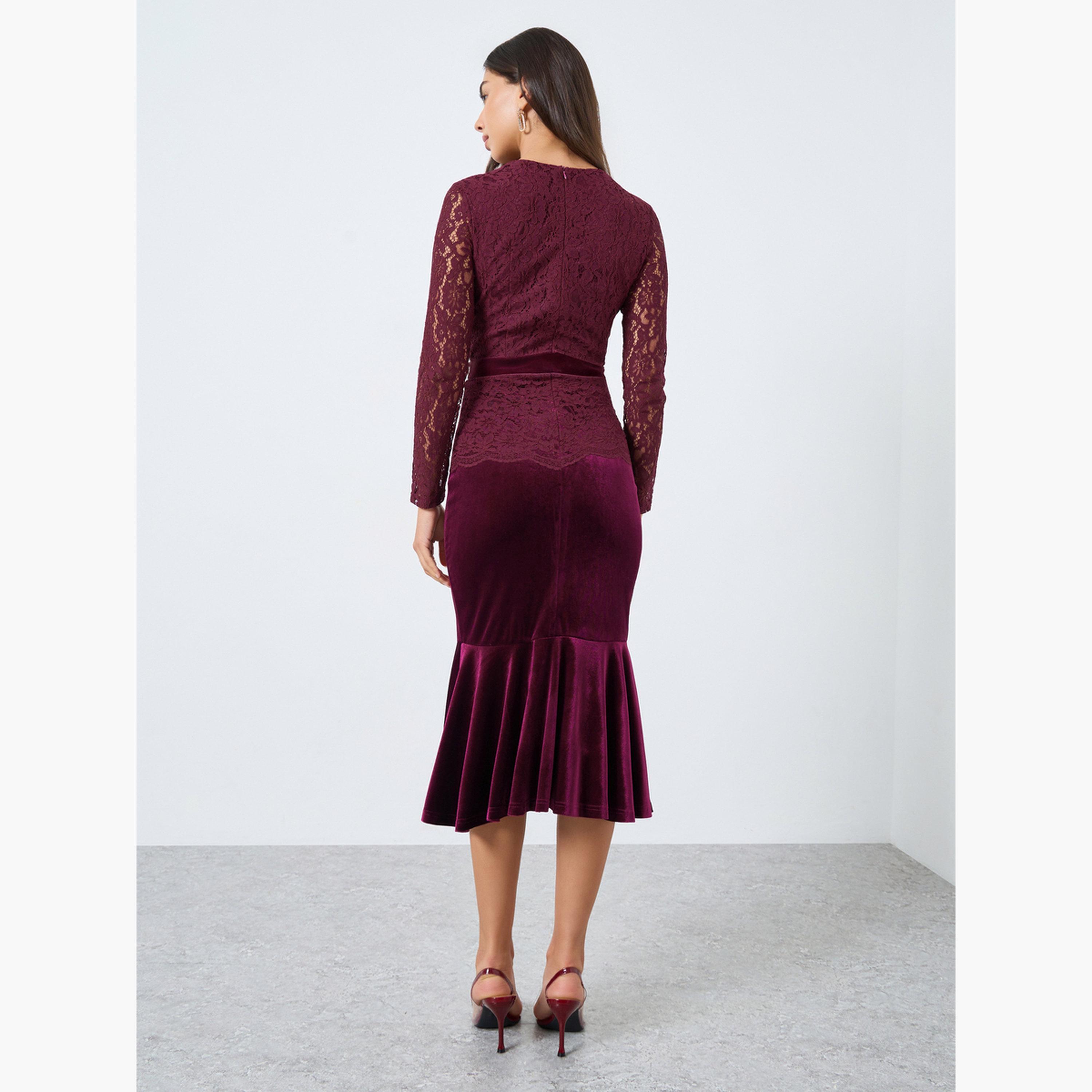 ستايلي - فستان متوسط ​​الطول بحافة حورية البحر ومزين بالدانتيل لون برغندي-women-clothing-dresses-image-5