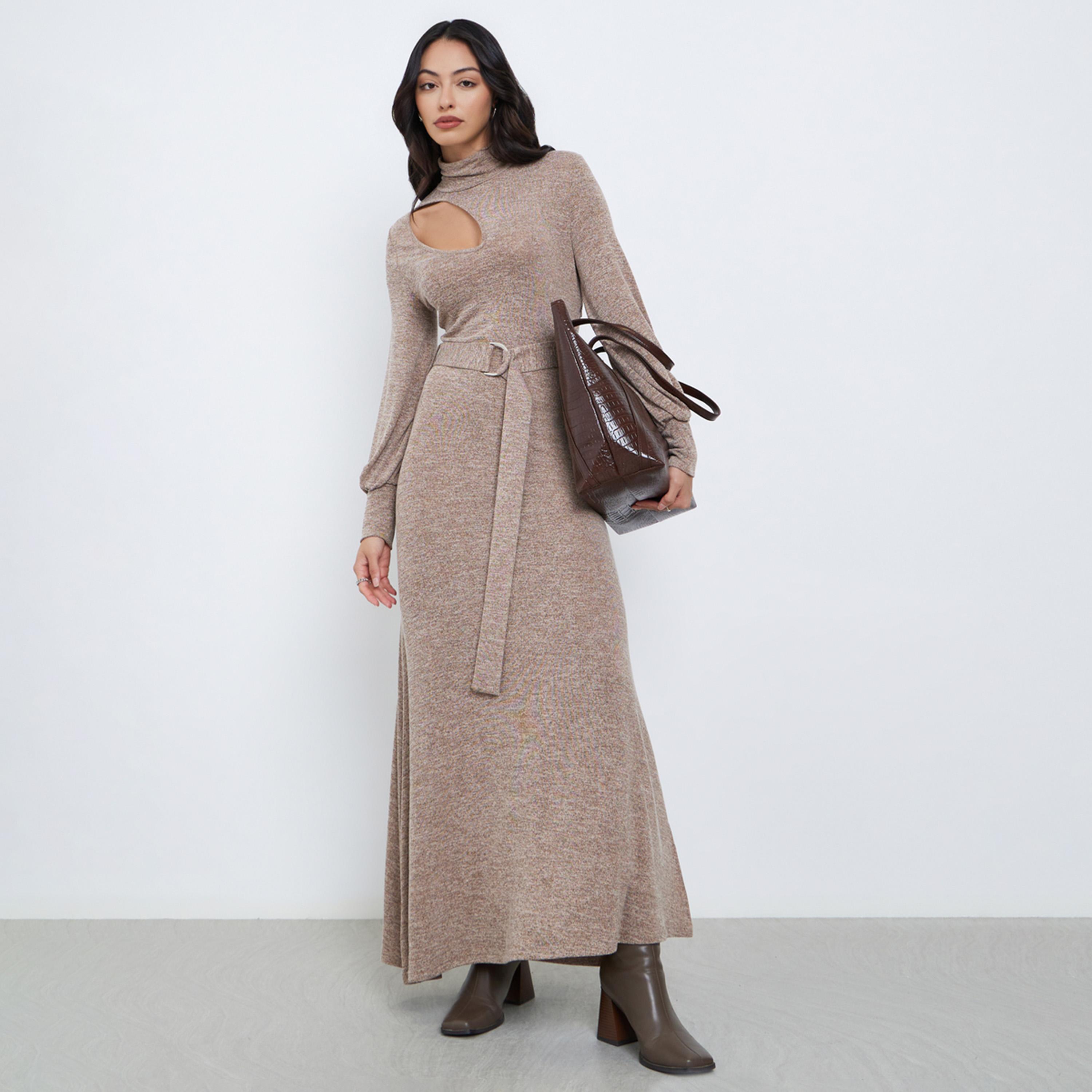 Styli Brown Cut-Out Detail Belted Sweater Maxi Dress-women-clothing-dresses-image-1