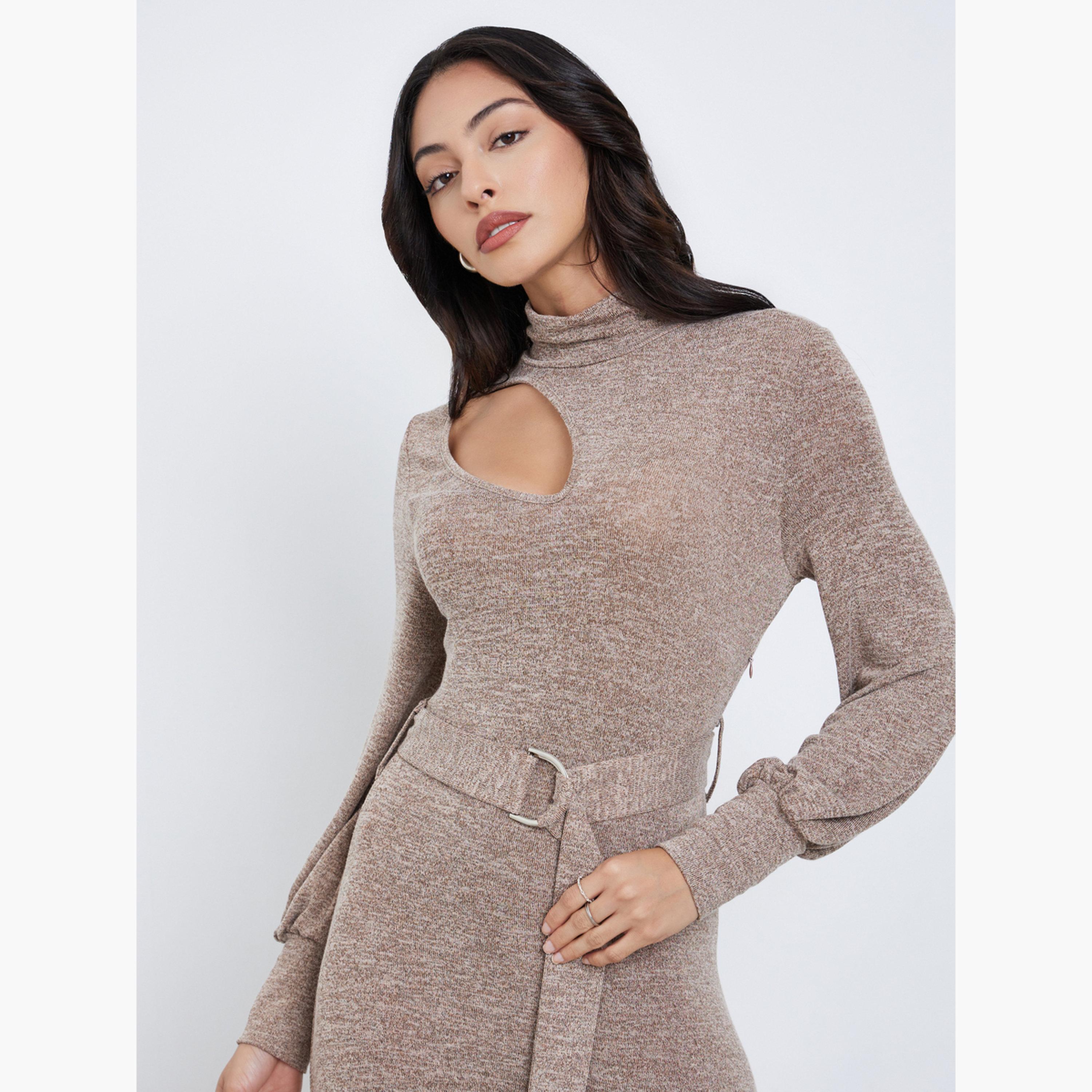 Styli Brown Cut-Out Detail Belted Sweater Maxi Dress-women-clothing-dresses-image-3