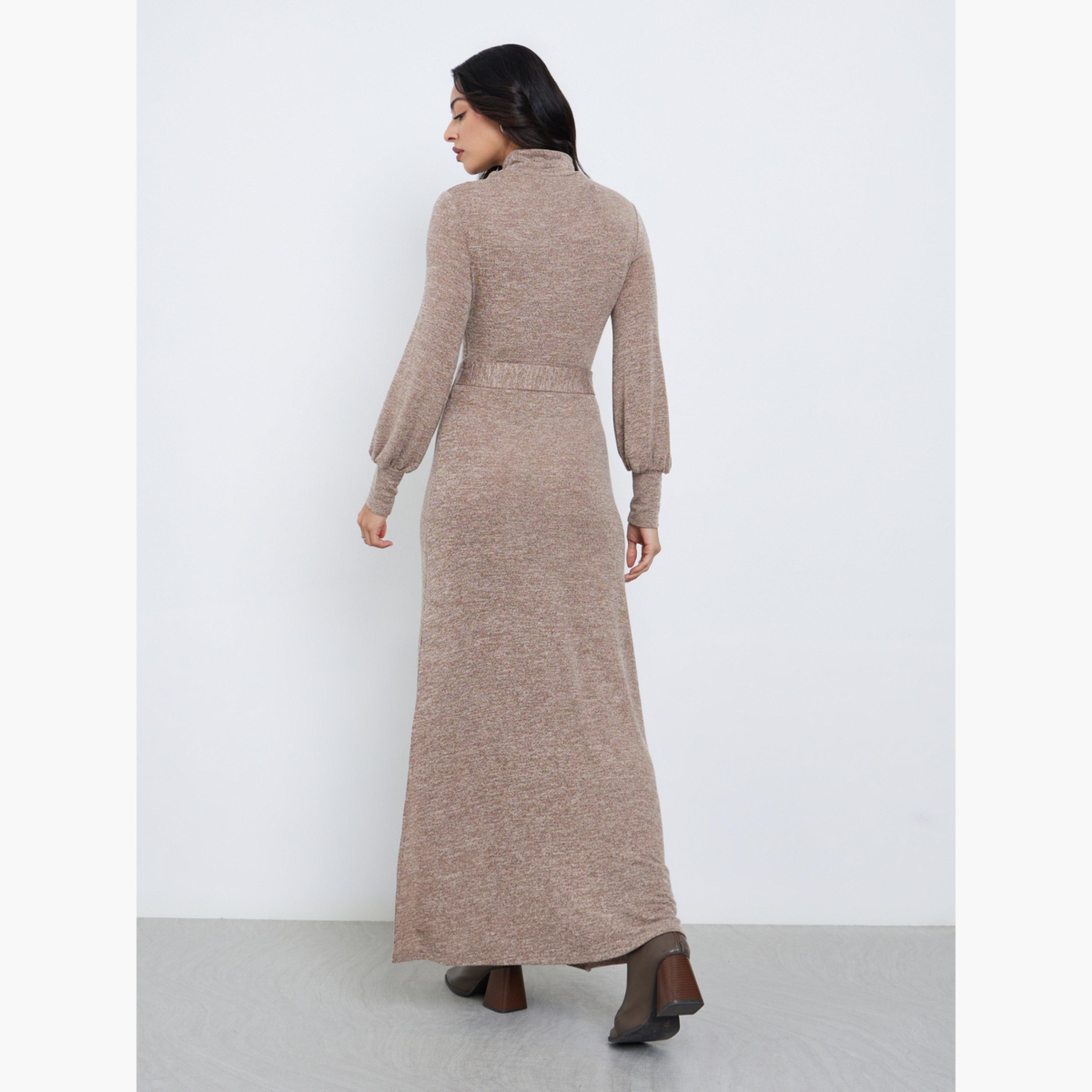 Styli Brown Cut-Out Detail Belted Sweater Maxi Dress-women-clothing-dresses-image-4