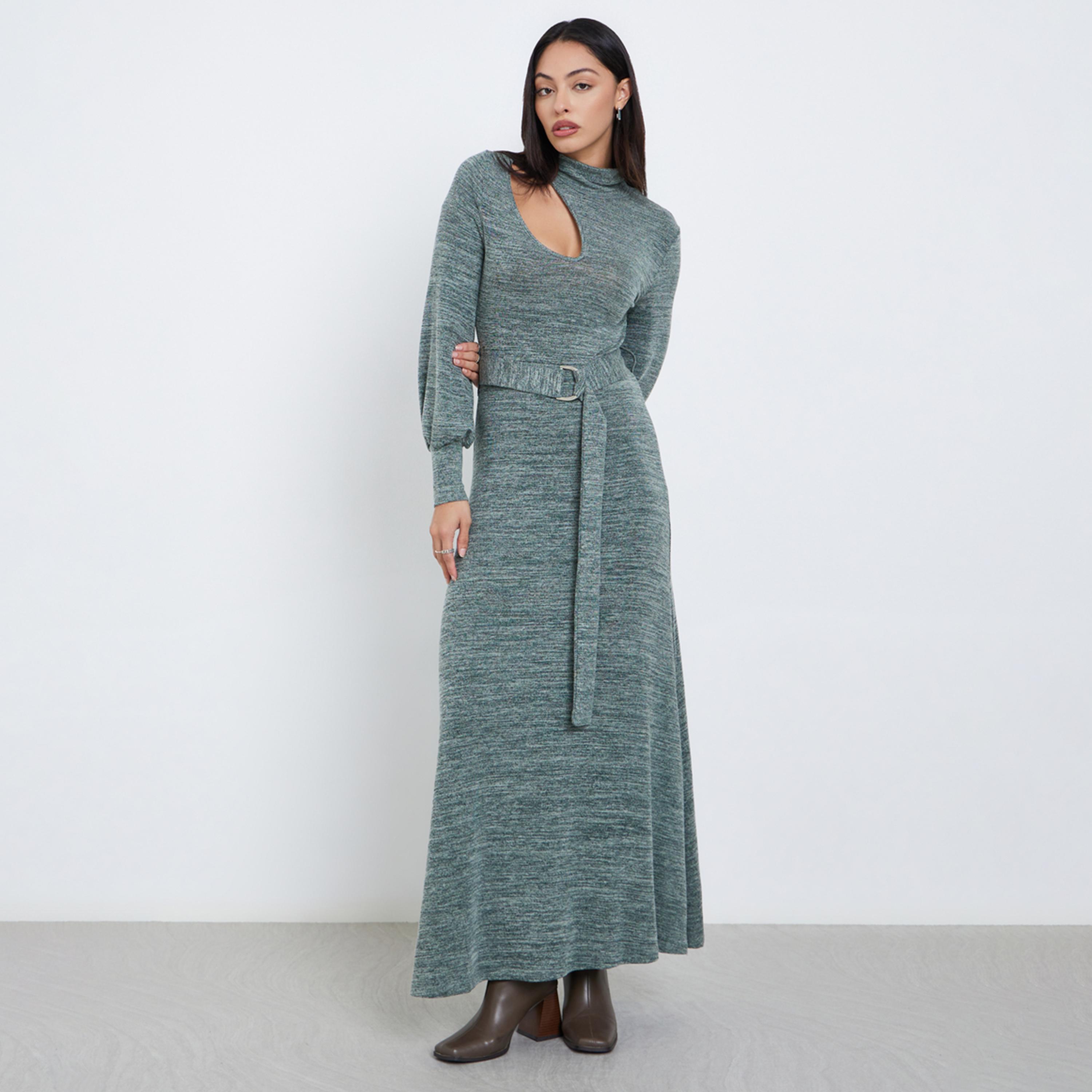 ستايلي - فستان ماكسي بحزام وفتحات بلون أزرق مخضر-women-clothing-dresses-image-1