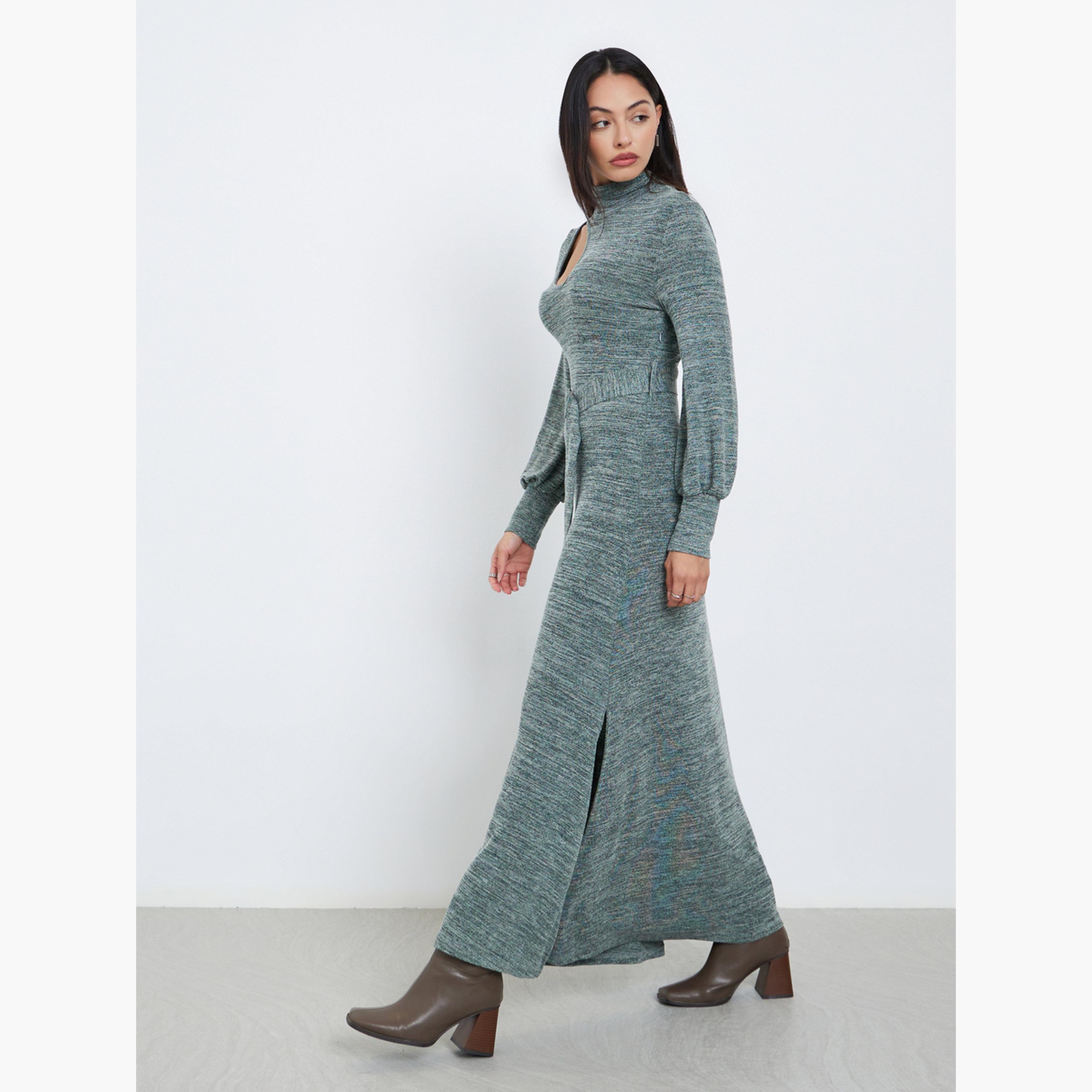 ستايلي - فستان ماكسي بحزام وفتحات بلون أزرق مخضر-women-clothing-dresses-image-2