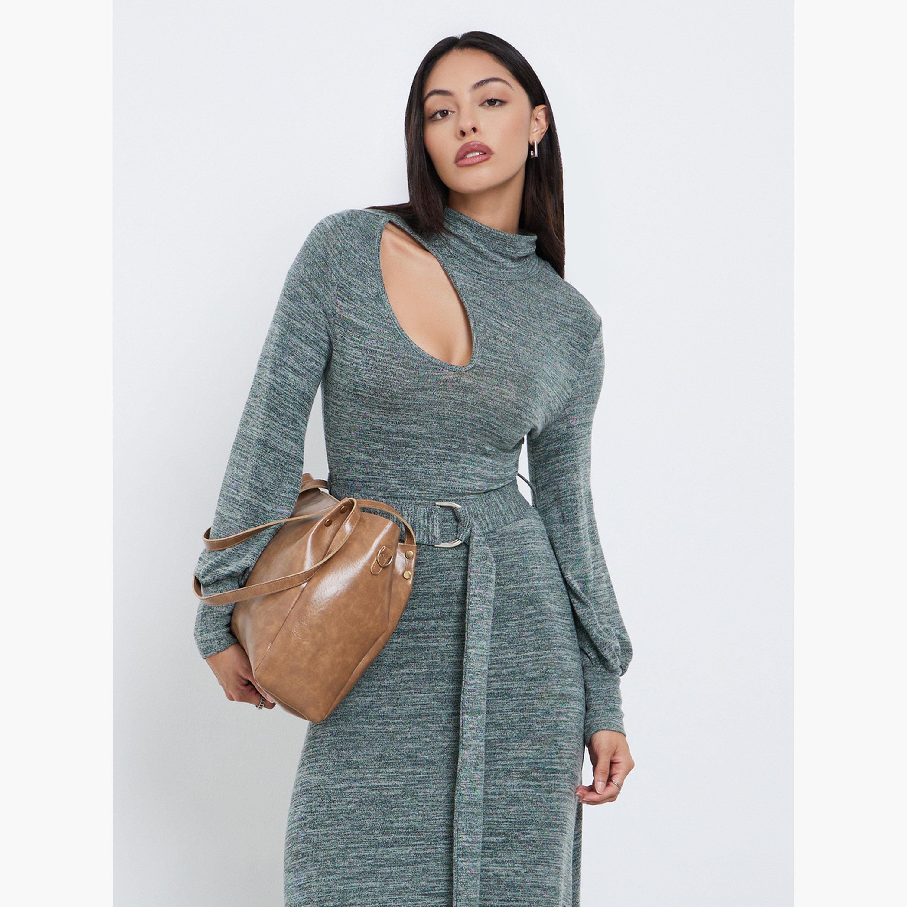 ستايلي - فستان ماكسي بحزام وفتحات بلون أزرق مخضر-women-clothing-dresses-image-3