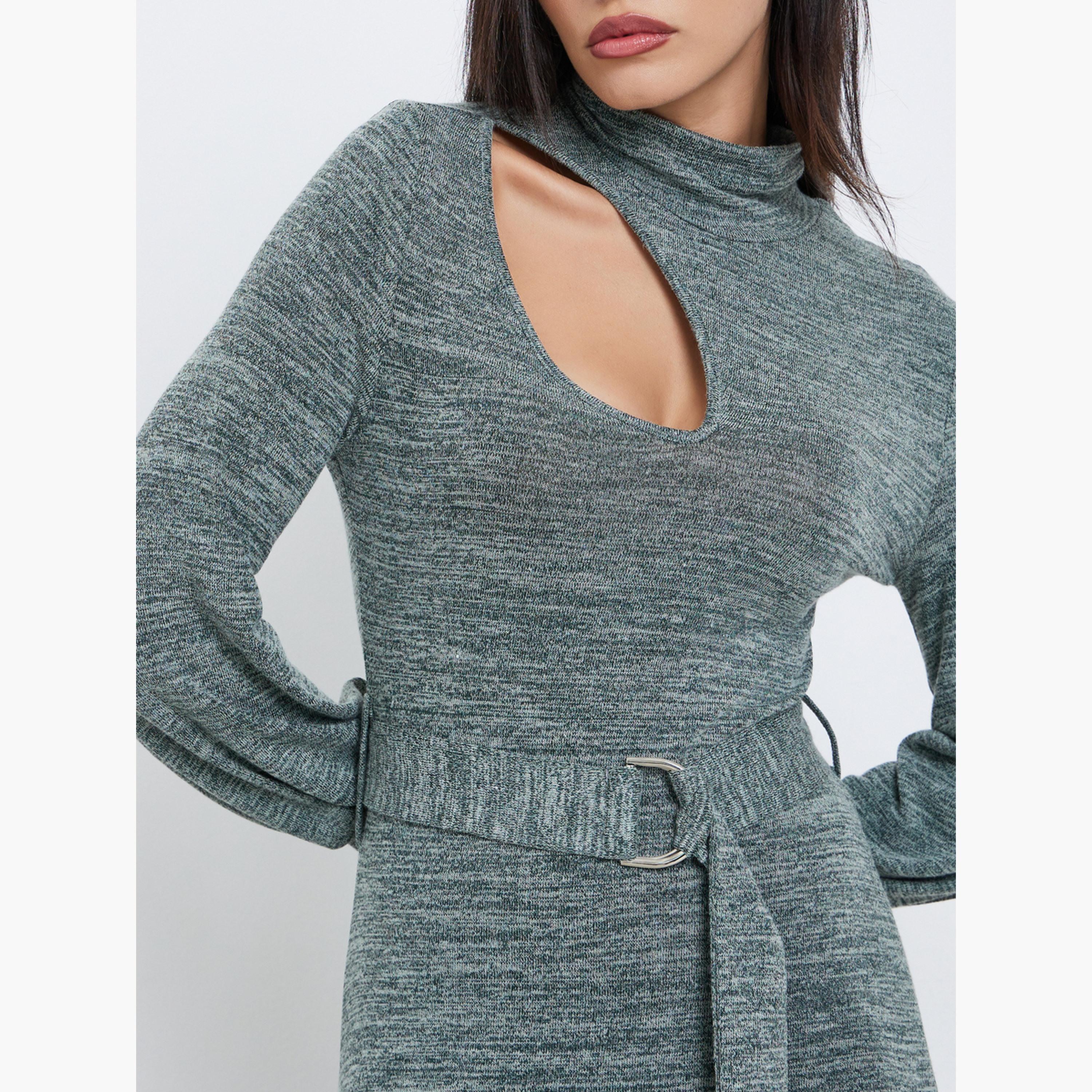 ستايلي - فستان ماكسي بحزام وفتحات بلون أزرق مخضر-women-clothing-dresses-image-4