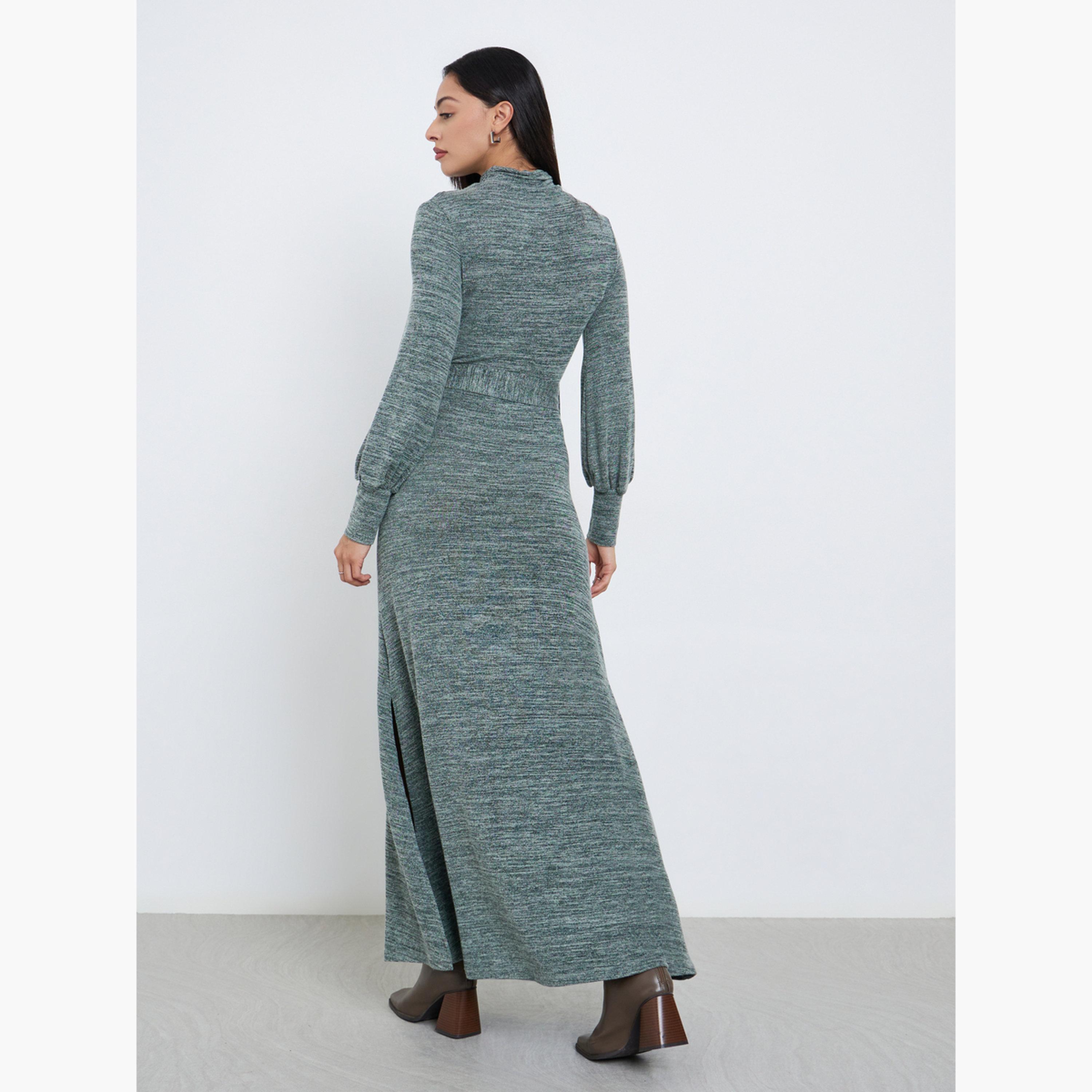 ستايلي - فستان ماكسي بحزام وفتحات بلون أزرق مخضر-women-clothing-dresses-image-5
