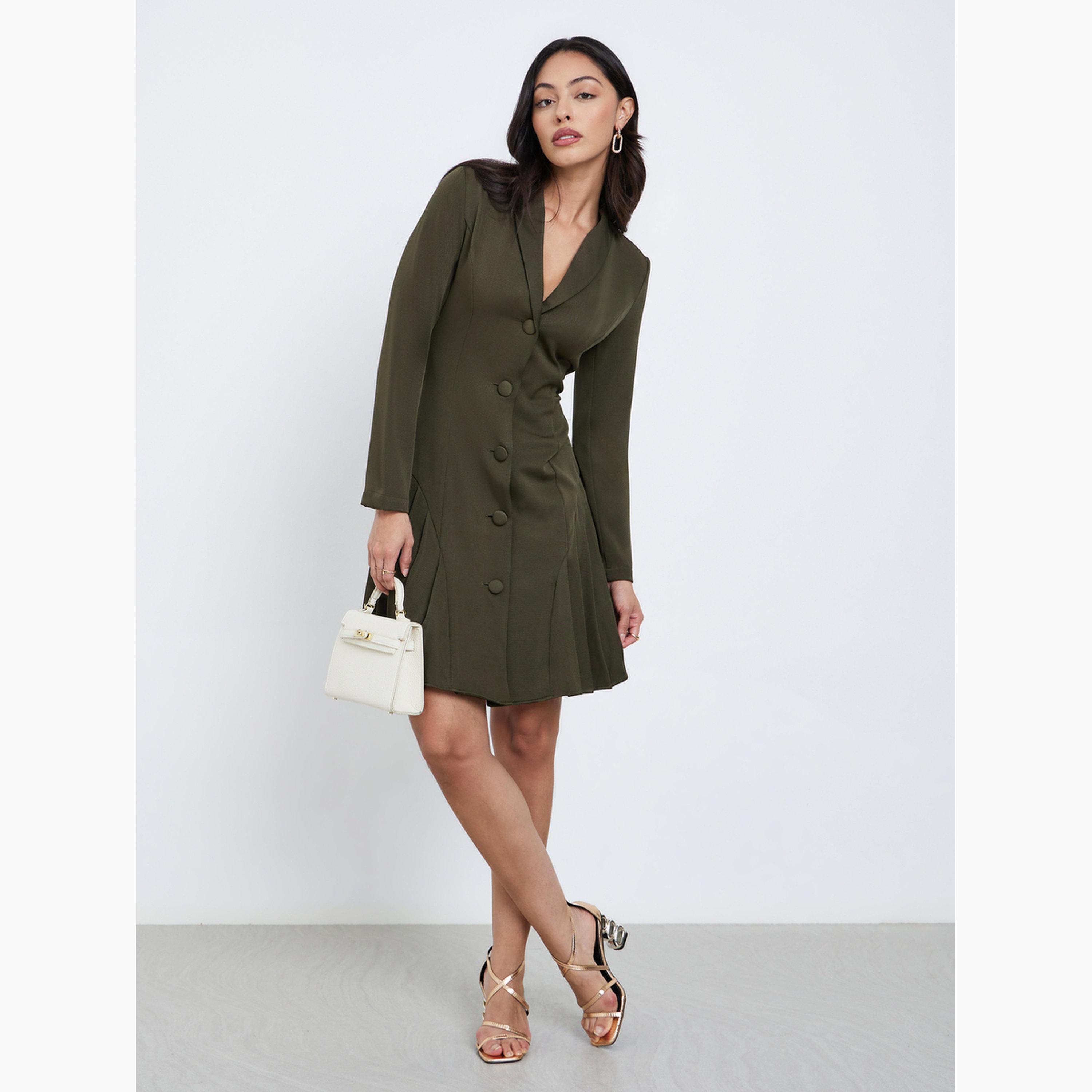 Styli Olive Pleated Blazer Knee Length Dress-women-clothing-dresses-image-2
