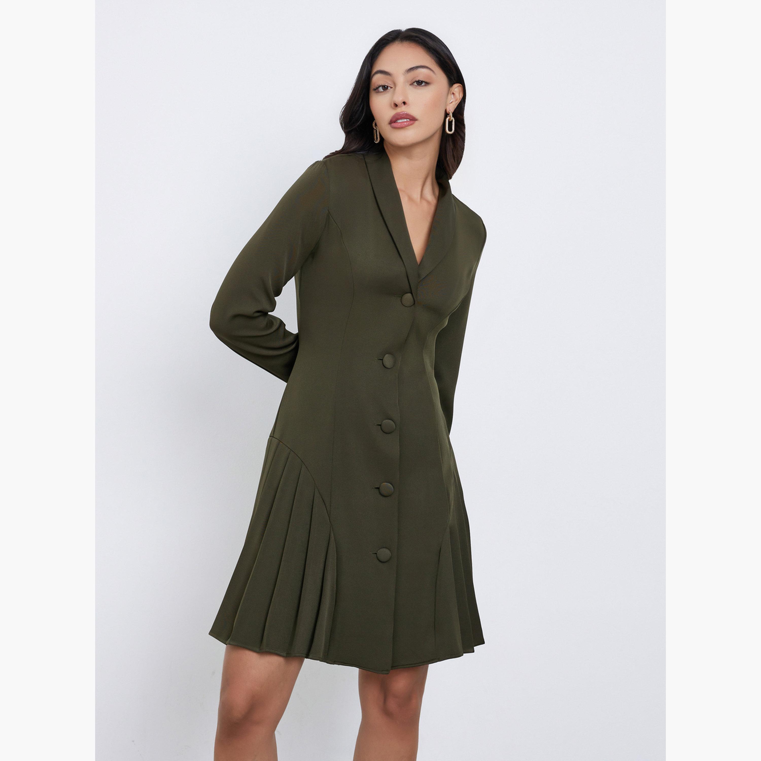 ستايلي - فستان زيتوني بطول الركبة مع بليزر مطوي-women-clothing-dresses-image-3