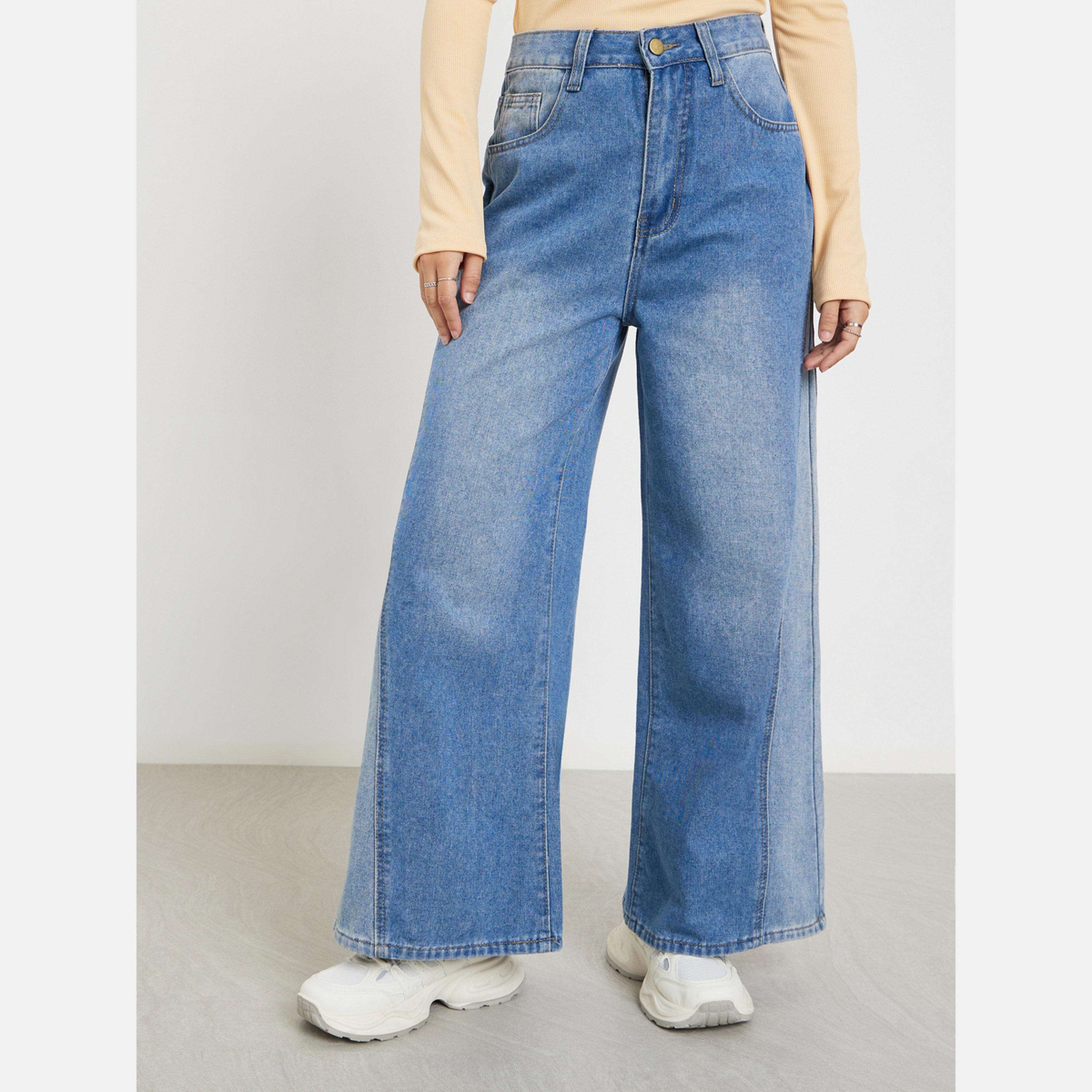ستايلي - بنطال جينز باهت بساق واسعة وخصر مرتفع-women-clothing-bottoms-jeans-image-1