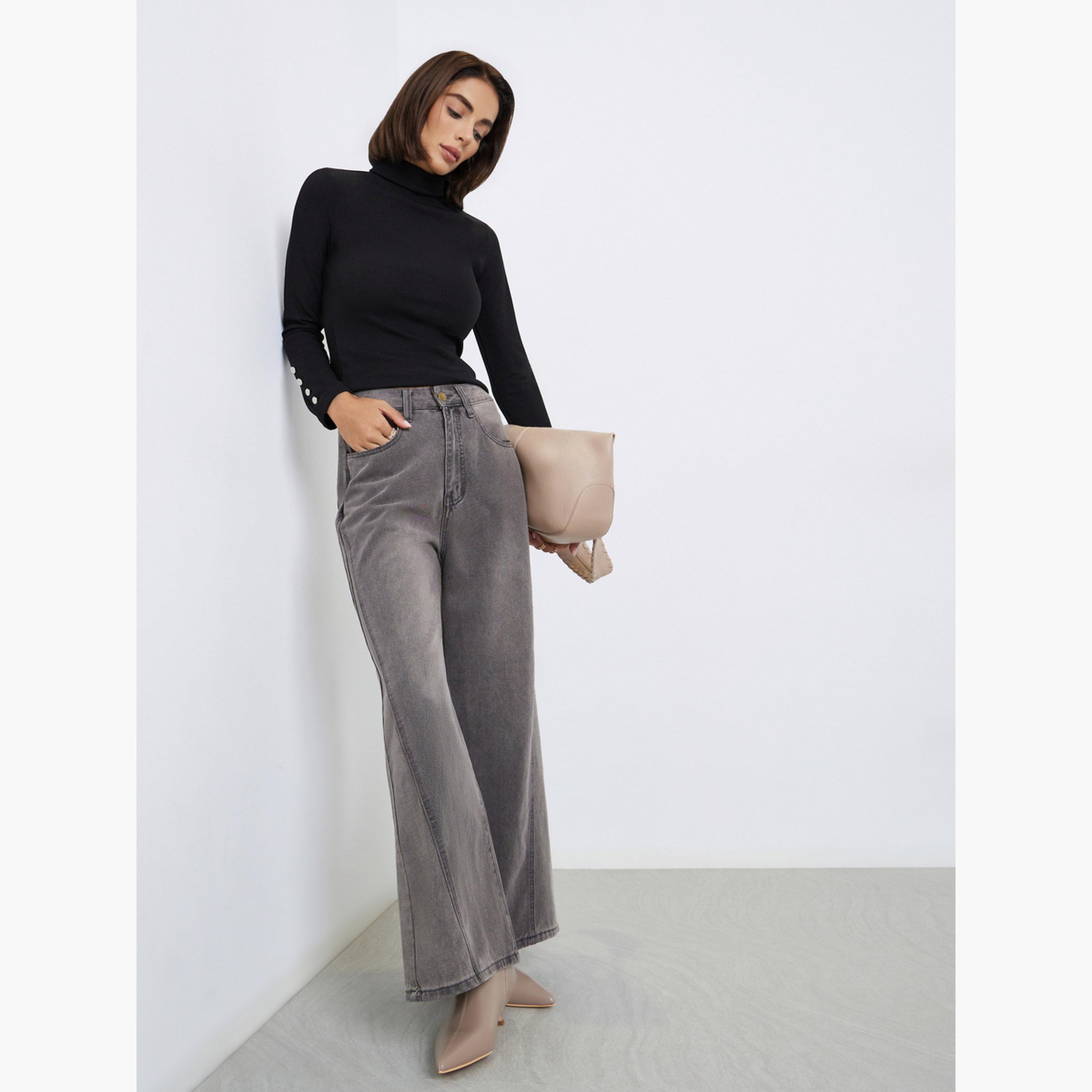 ستايلي - بنطال جينز واسع الساق ذو تصميم مثلث مرتفع الخصر للنساء-women-clothing-bottoms-jeans-image-2