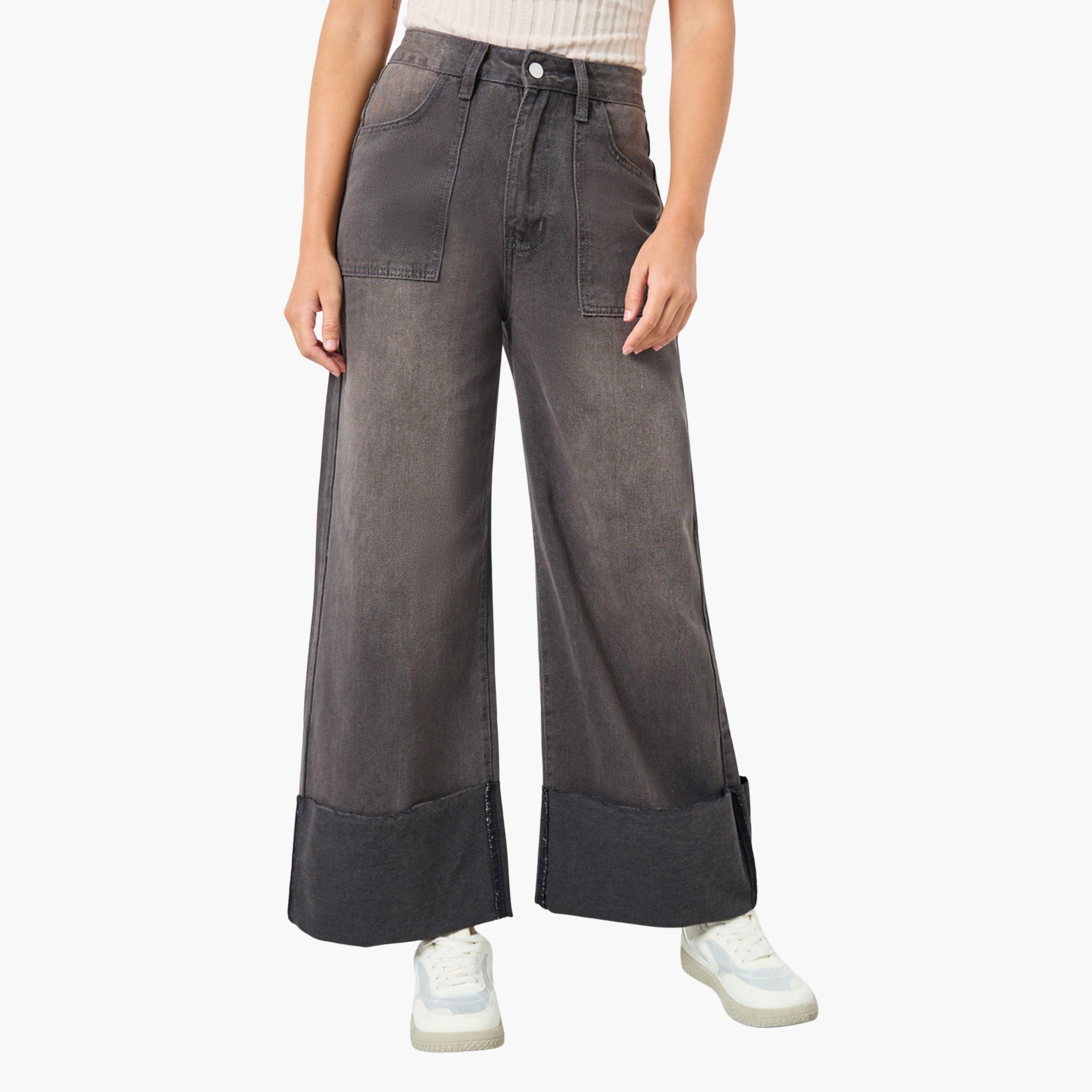ستايلي - بنطال جينز واسع الساق بخصر مرتفع وحافة قابلة للطي-women-clothing-bottoms-jeans-image-1