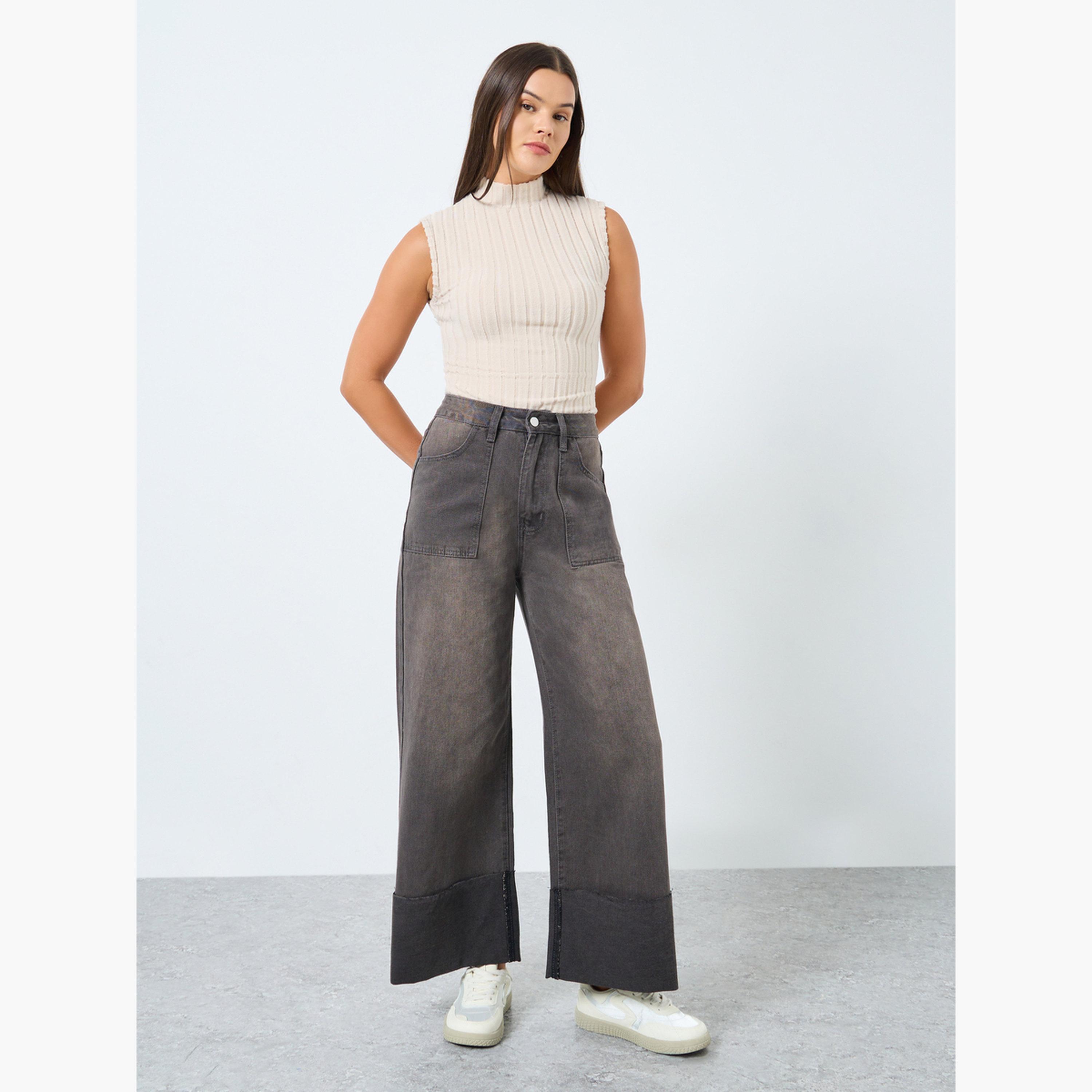 ستايلي - بنطال جينز واسع الساق بخصر مرتفع وحافة قابلة للطي-women-clothing-bottoms-jeans-image-2
