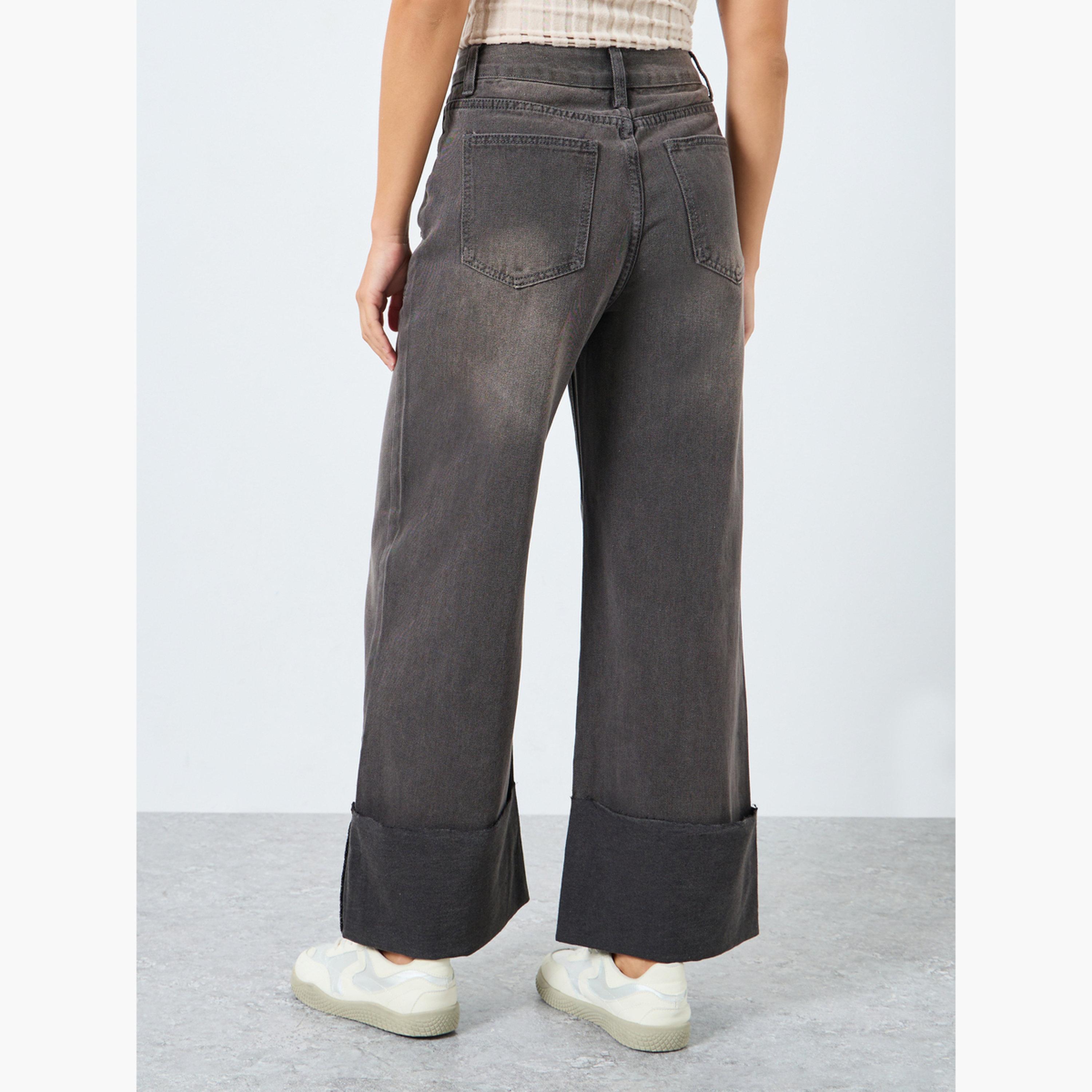 ستايلي - بنطال جينز واسع الساق بخصر مرتفع وحافة قابلة للطي-women-clothing-bottoms-jeans-image-4