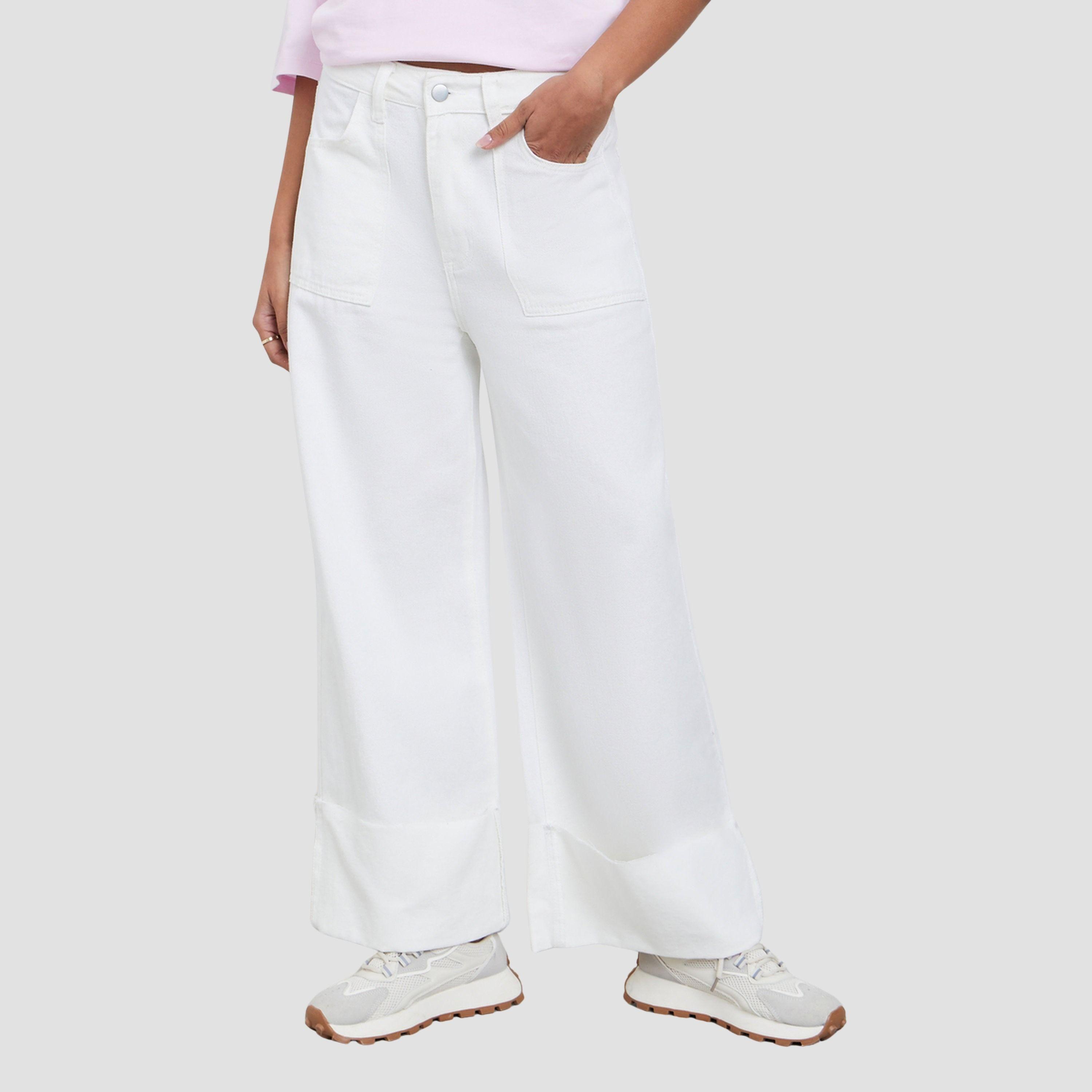 ستايلي - بنطال جينز واسع الساق بخصر مرتفع وحافة قابلة للطي للنساء-women-clothing-bottoms-jeans-image-1