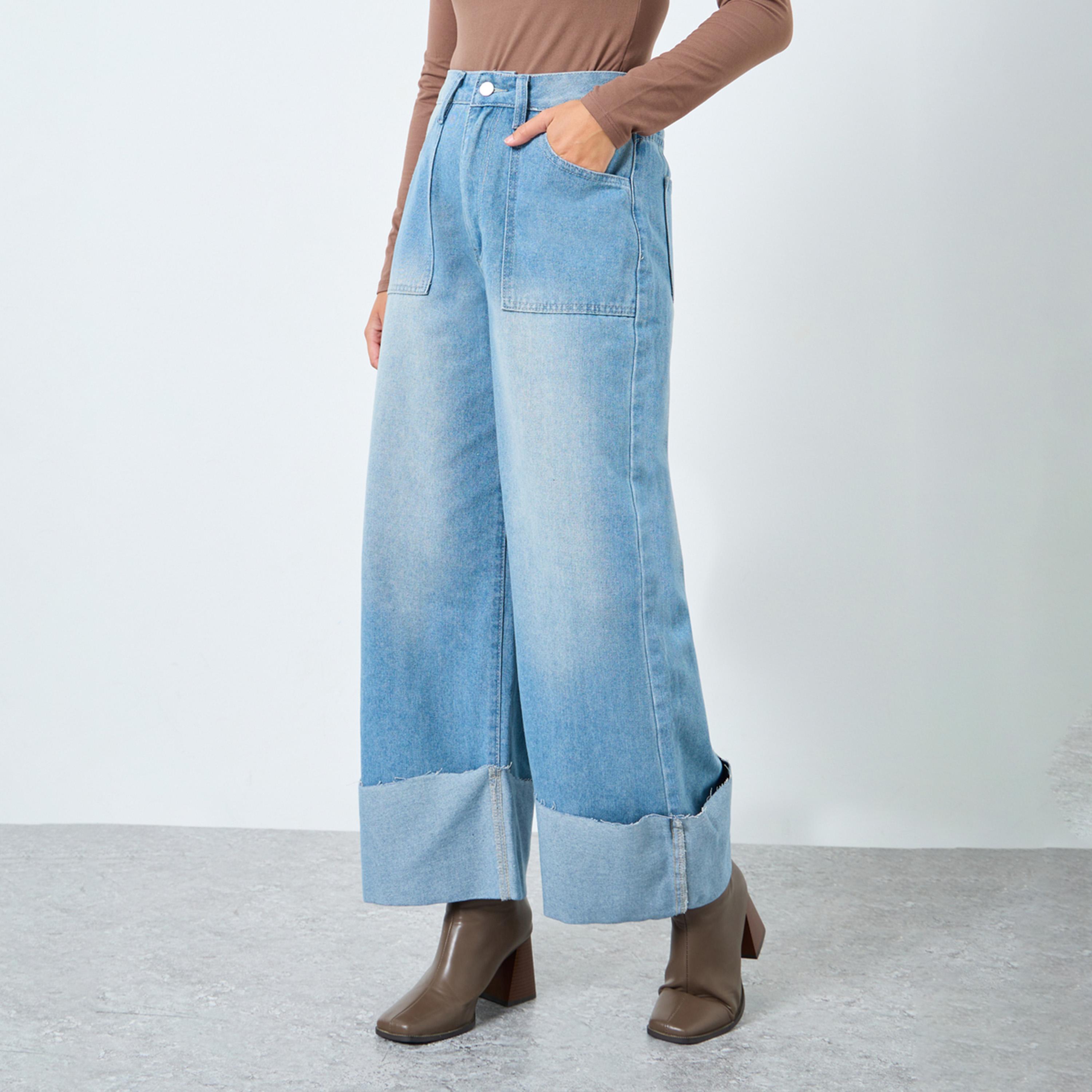 ستايلي - بنطال جينز واسع الساق بخصر مرتفع وحافة قابلة للطي-women-clothing-bottoms-jeans-image-1