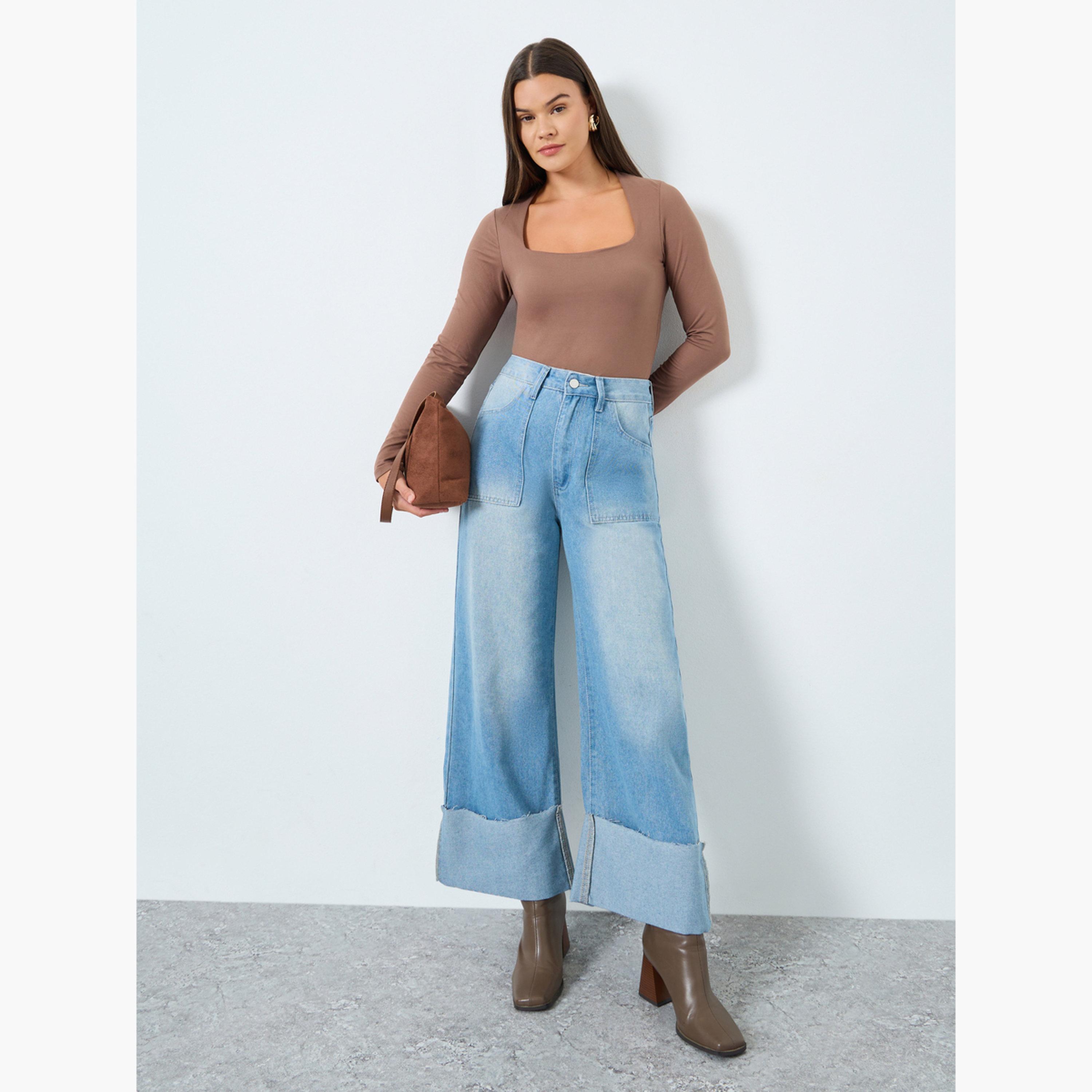 ستايلي - بنطال جينز واسع الساق بخصر مرتفع وحافة قابلة للطي-women-clothing-bottoms-jeans-image-2