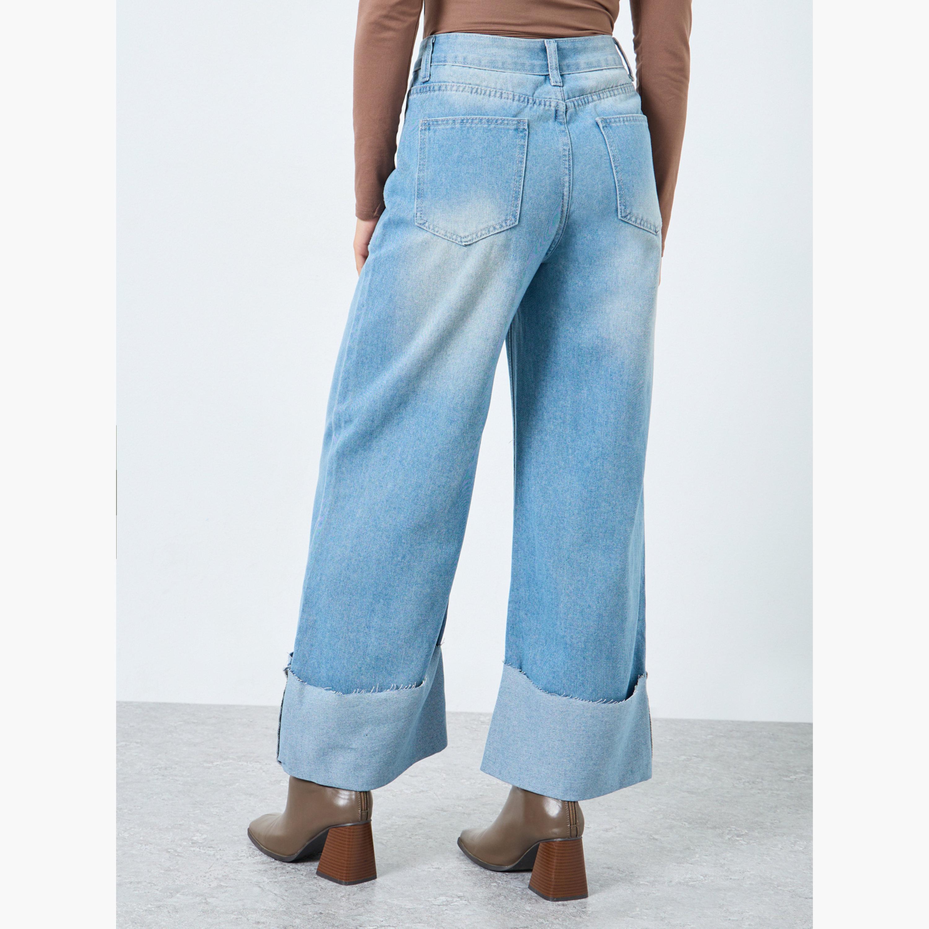ستايلي - بنطال جينز واسع الساق بخصر مرتفع وحافة قابلة للطي-women-clothing-bottoms-jeans-image-4